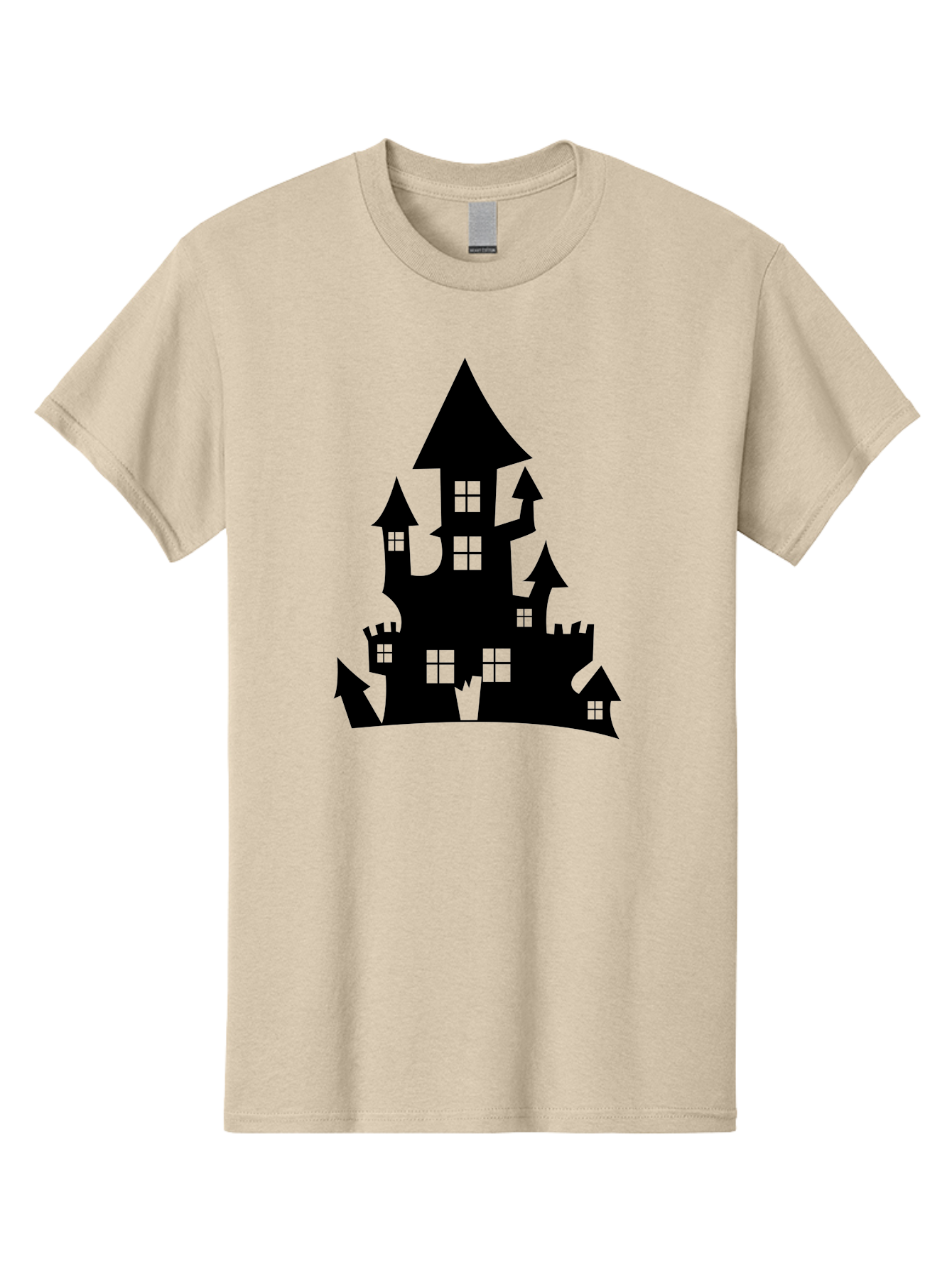 Haunted-House-Silhouette-1 Men'S Graphic Tee, 100% Cotton, Comfortable Casual Summer Wear, Machine Washable, Medieval Castle, Black Silhouette, Fantasy Architecture, Mysterious Atmosphere, Gothic Style, Spooky Vibe, Dark Magic, Haunted House, Aab224