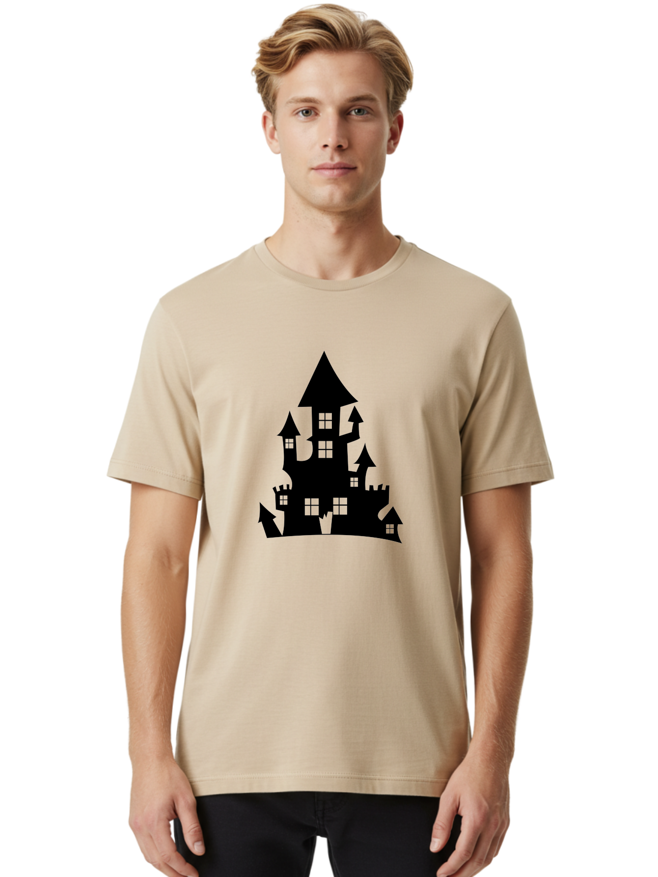 Haunted-House-Silhouette-1 Men'S Graphic Tee, 100% Cotton, Comfortable Casual Summer Wear, Machine Washable, Medieval Castle, Black Silhouette, Fantasy Architecture, Mysterious Atmosphere, Gothic Style, Spooky Vibe, Dark Magic, Haunted House, Aab224