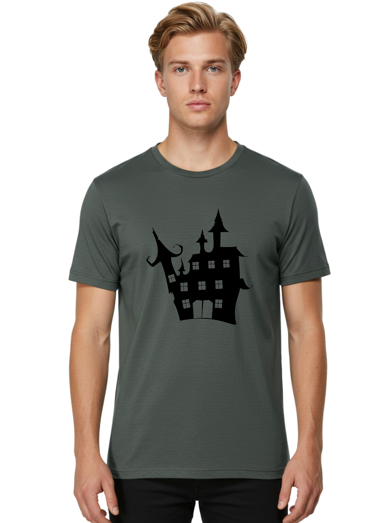 Haunted-House-Silhouette-2 Men'S Graphic Tee, 100% Cotton, Comfortable Casual Summer Wear, Machine Washable, Haunted House, Spooky Atmosphere, Gothic Architecture, Mysterious Mansion, Eerie Silhouette, Halloween Decor Aab225
