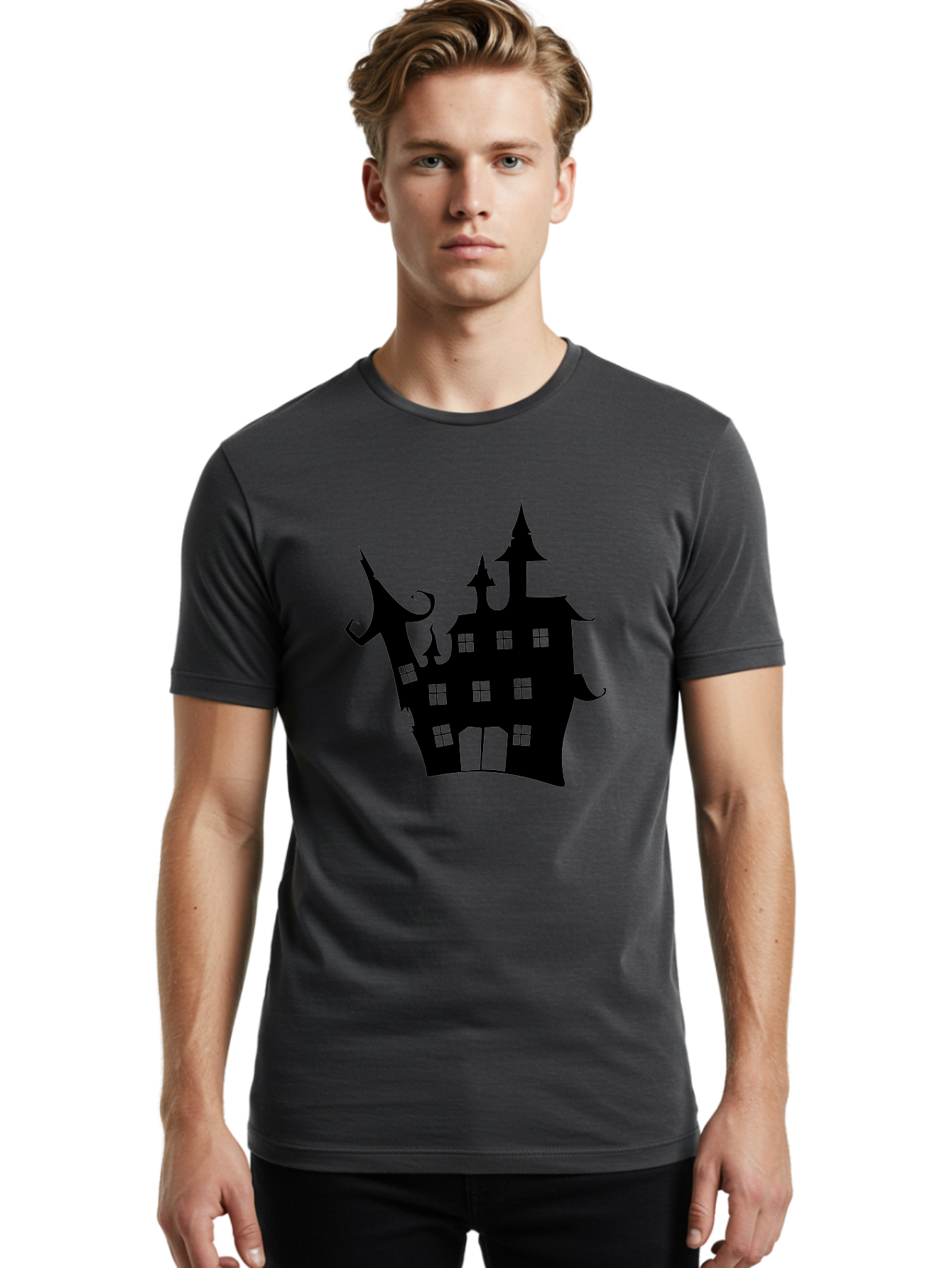 Haunted-House-Silhouette-2 Men'S Graphic Tee, 100% Cotton, Comfortable Casual Summer Wear, Machine Washable, Haunted House, Spooky Atmosphere, Gothic Architecture, Mysterious Mansion, Eerie Silhouette, Halloween Decor Aab225