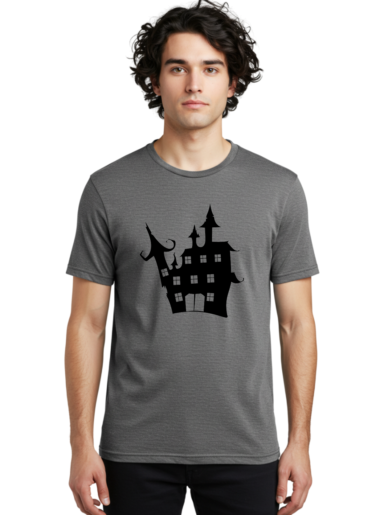 Haunted-House-Silhouette-2 Men'S Graphic Tee, 100% Cotton, Comfortable Casual Summer Wear, Machine Washable, Haunted House, Spooky Atmosphere, Gothic Architecture, Mysterious Mansion, Eerie Silhouette, Halloween Decor Aab225