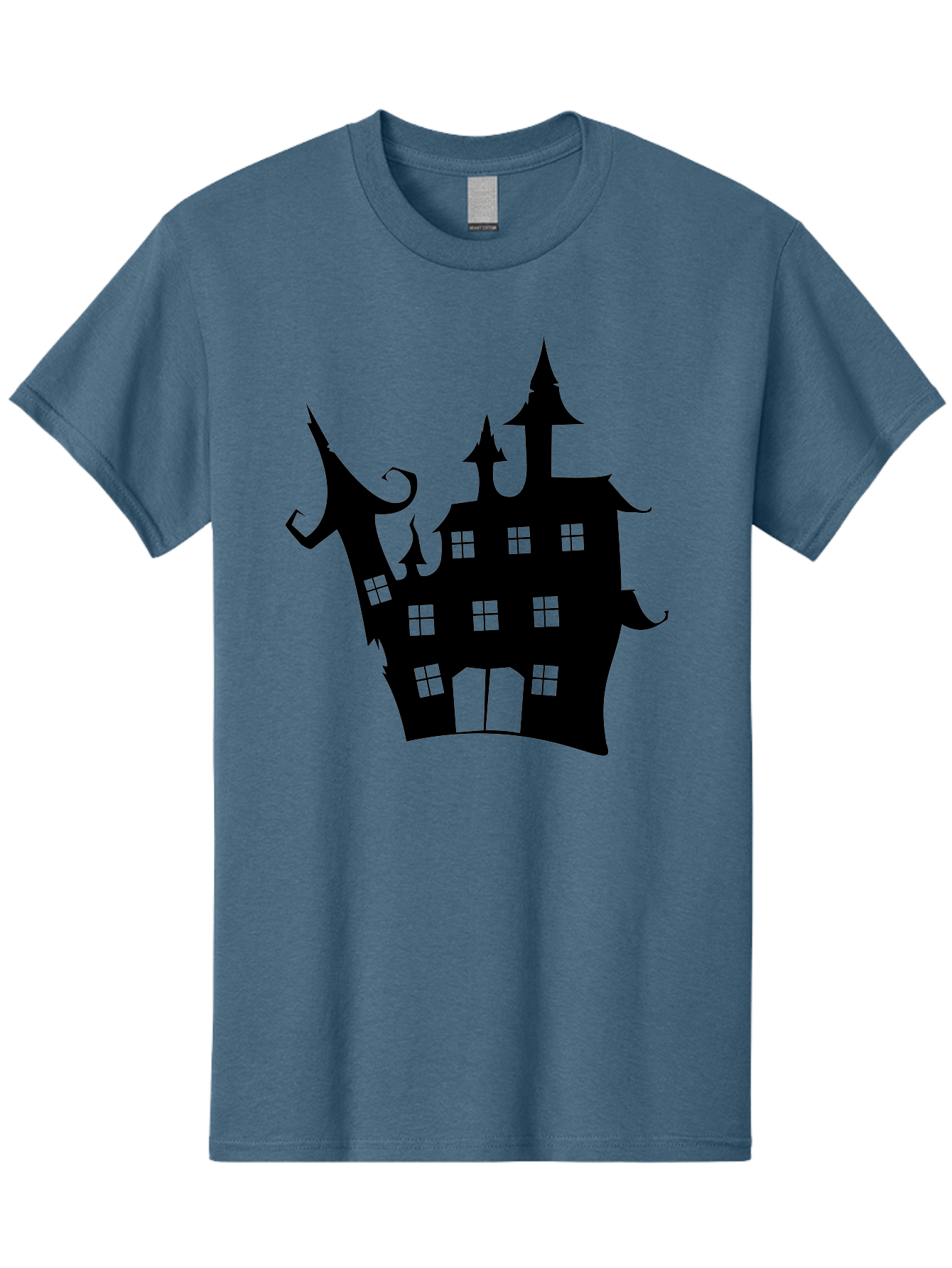 Haunted-House-Silhouette-2 Men'S Graphic Tee, 100% Cotton, Comfortable Casual Summer Wear, Machine Washable, Haunted House, Spooky Atmosphere, Gothic Architecture, Mysterious Mansion, Eerie Silhouette, Halloween Decor Aab225