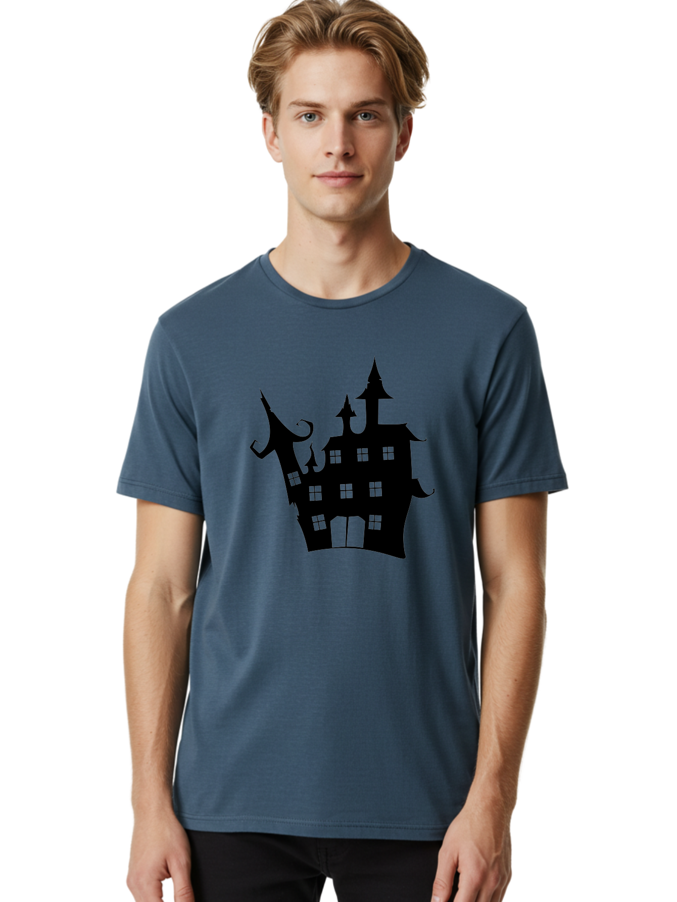 Haunted-House-Silhouette-2 Men'S Graphic Tee, 100% Cotton, Comfortable Casual Summer Wear, Machine Washable, Haunted House, Spooky Atmosphere, Gothic Architecture, Mysterious Mansion, Eerie Silhouette, Halloween Decor Aab225