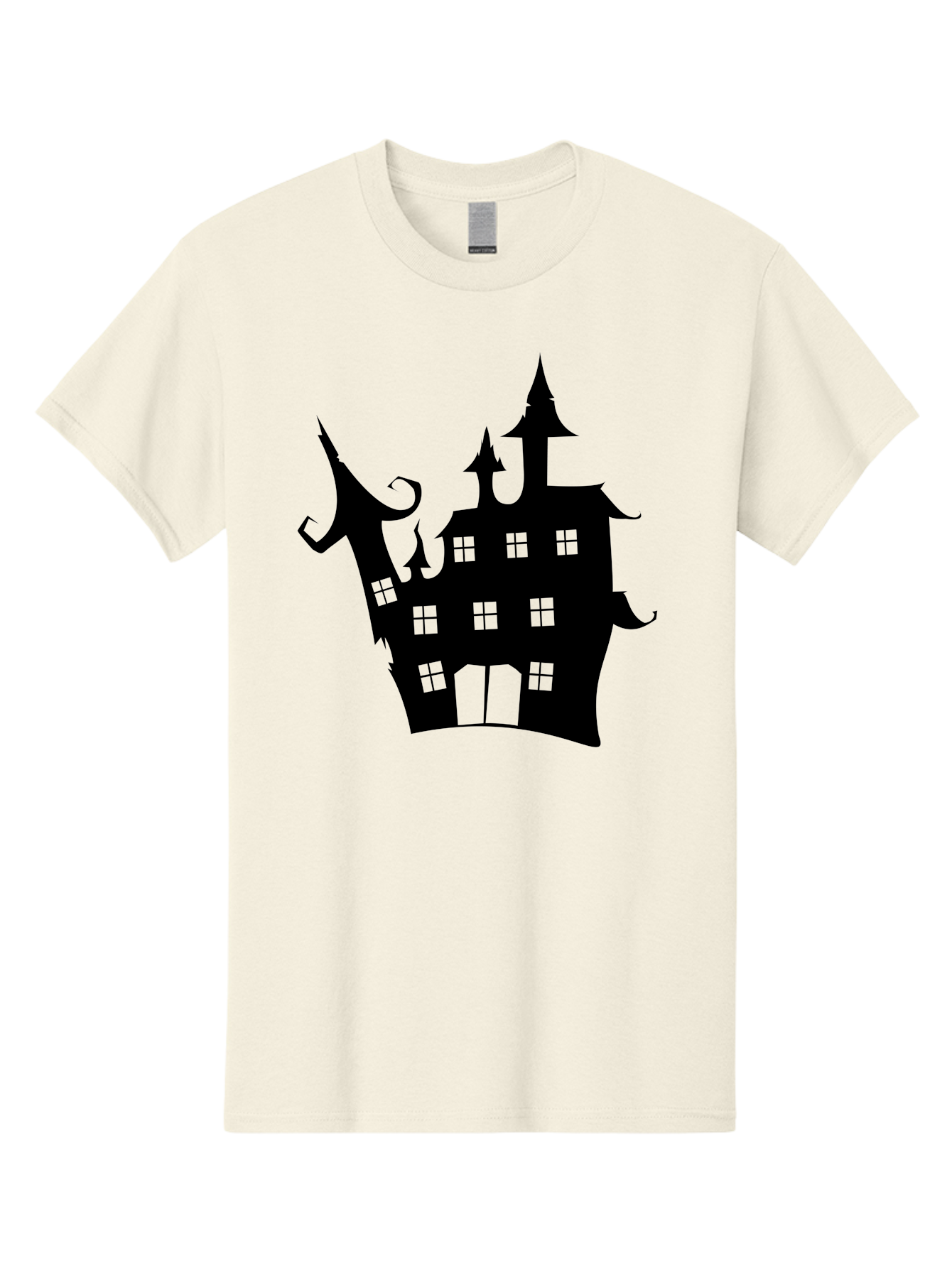 Haunted-House-Silhouette-2 Men'S Graphic Tee, 100% Cotton, Comfortable Casual Summer Wear, Machine Washable, Haunted House, Spooky Atmosphere, Gothic Architecture, Mysterious Mansion, Eerie Silhouette, Halloween Decor Aab225