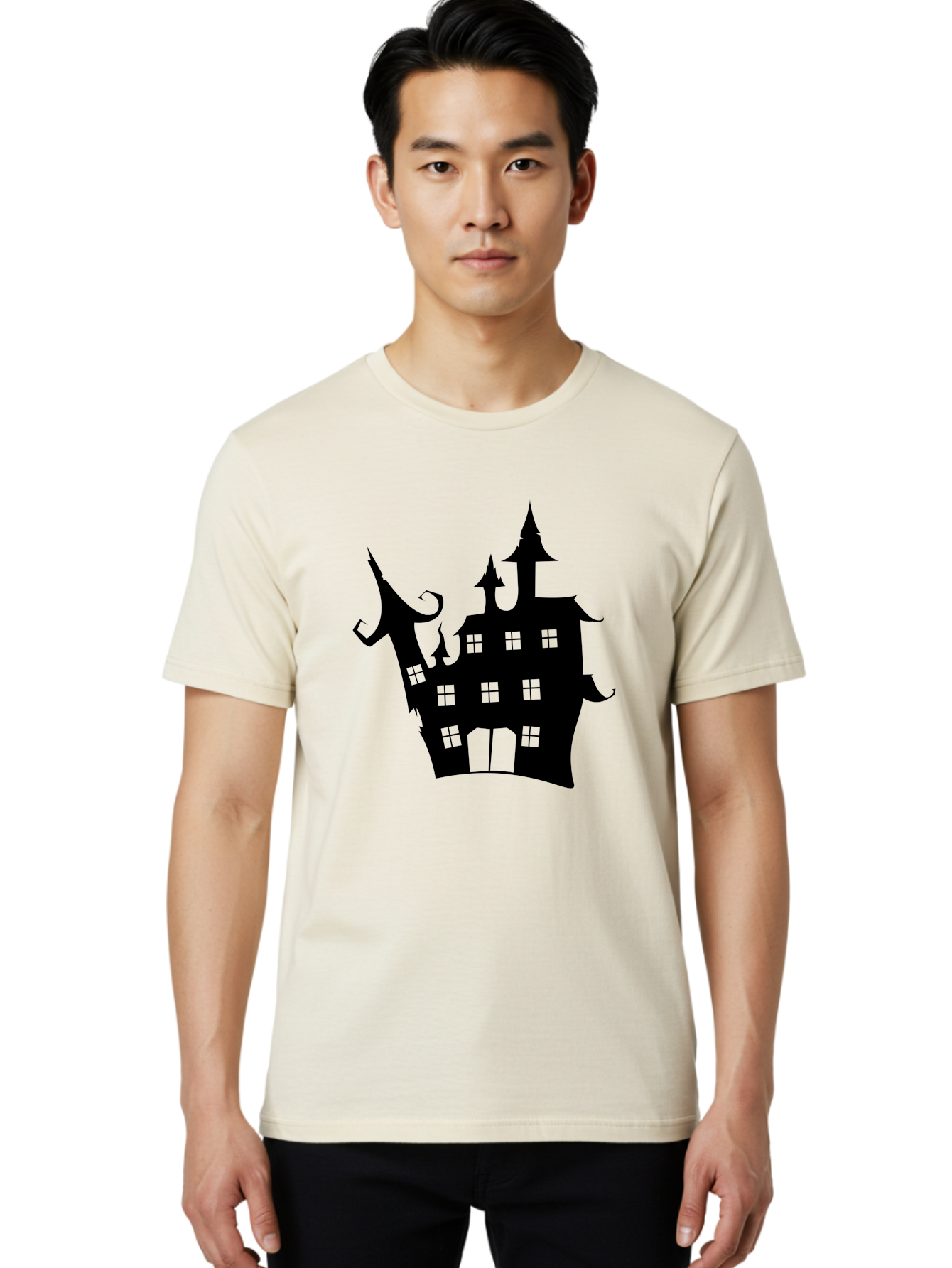 Haunted-House-Silhouette-2 Men'S Graphic Tee, 100% Cotton, Comfortable Casual Summer Wear, Machine Washable, Haunted House, Spooky Atmosphere, Gothic Architecture, Mysterious Mansion, Eerie Silhouette, Halloween Decor Aab225