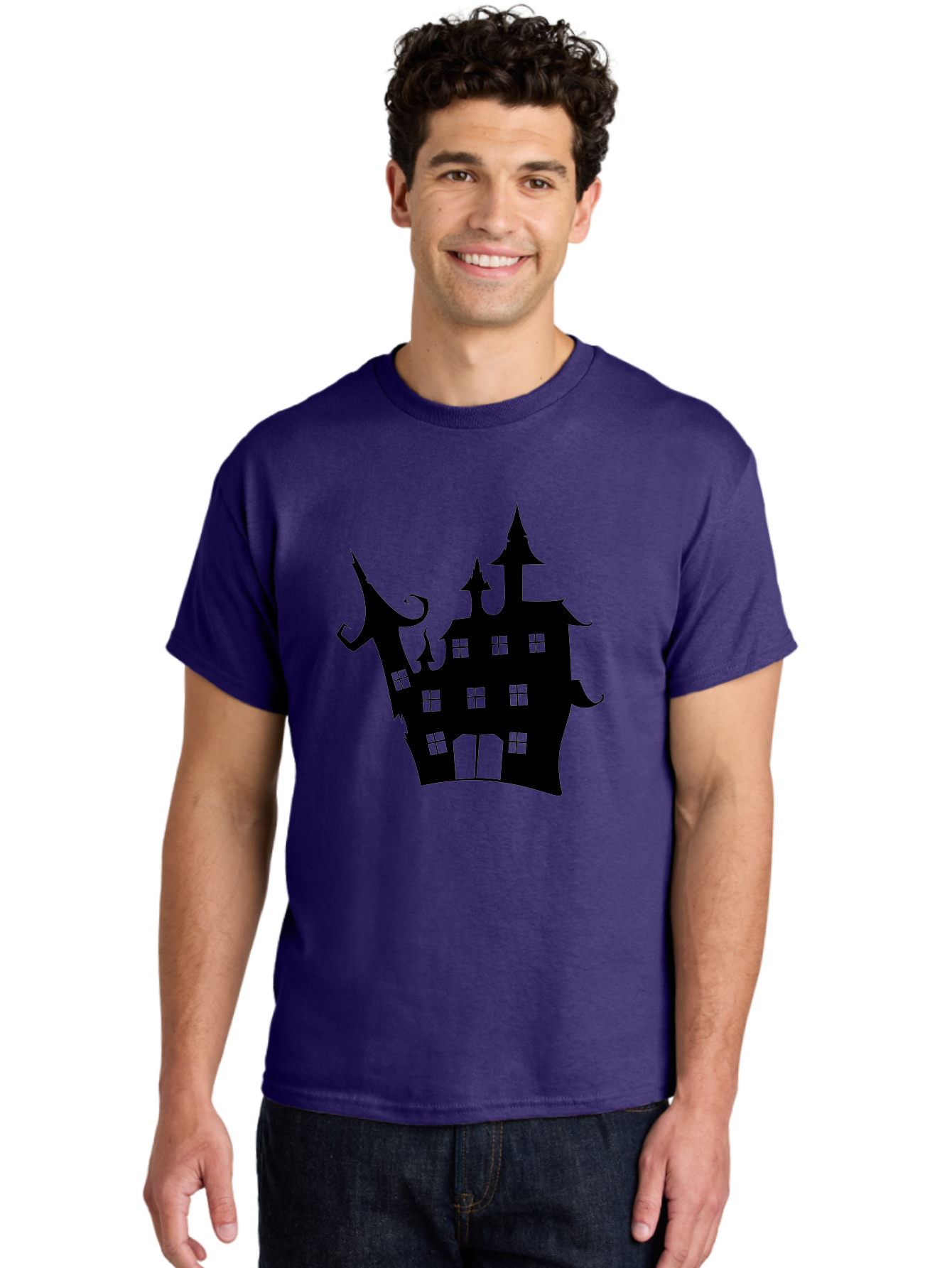 Haunted-House-Silhouette-2 Men'S Graphic Tee, 100% Cotton, Comfortable Casual Summer Wear, Machine Washable, Haunted House, Spooky Atmosphere, Gothic Architecture, Mysterious Mansion, Eerie Silhouette, Halloween Decor Aab225
