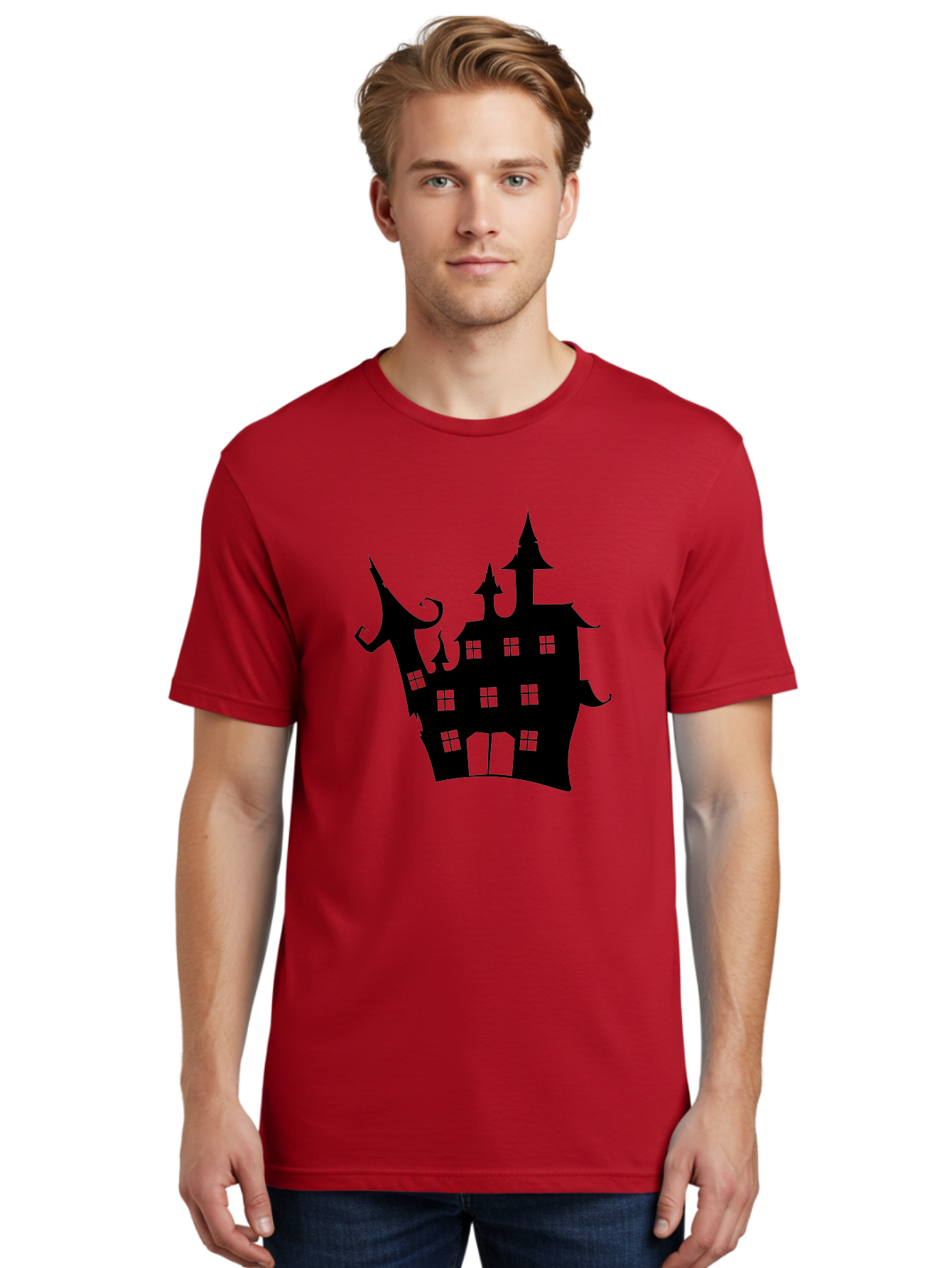 Haunted-House-Silhouette-2 Men'S Graphic Tee, 100% Cotton, Comfortable Casual Summer Wear, Machine Washable, Haunted House, Spooky Atmosphere, Gothic Architecture, Mysterious Mansion, Eerie Silhouette, Halloween Decor Aab225