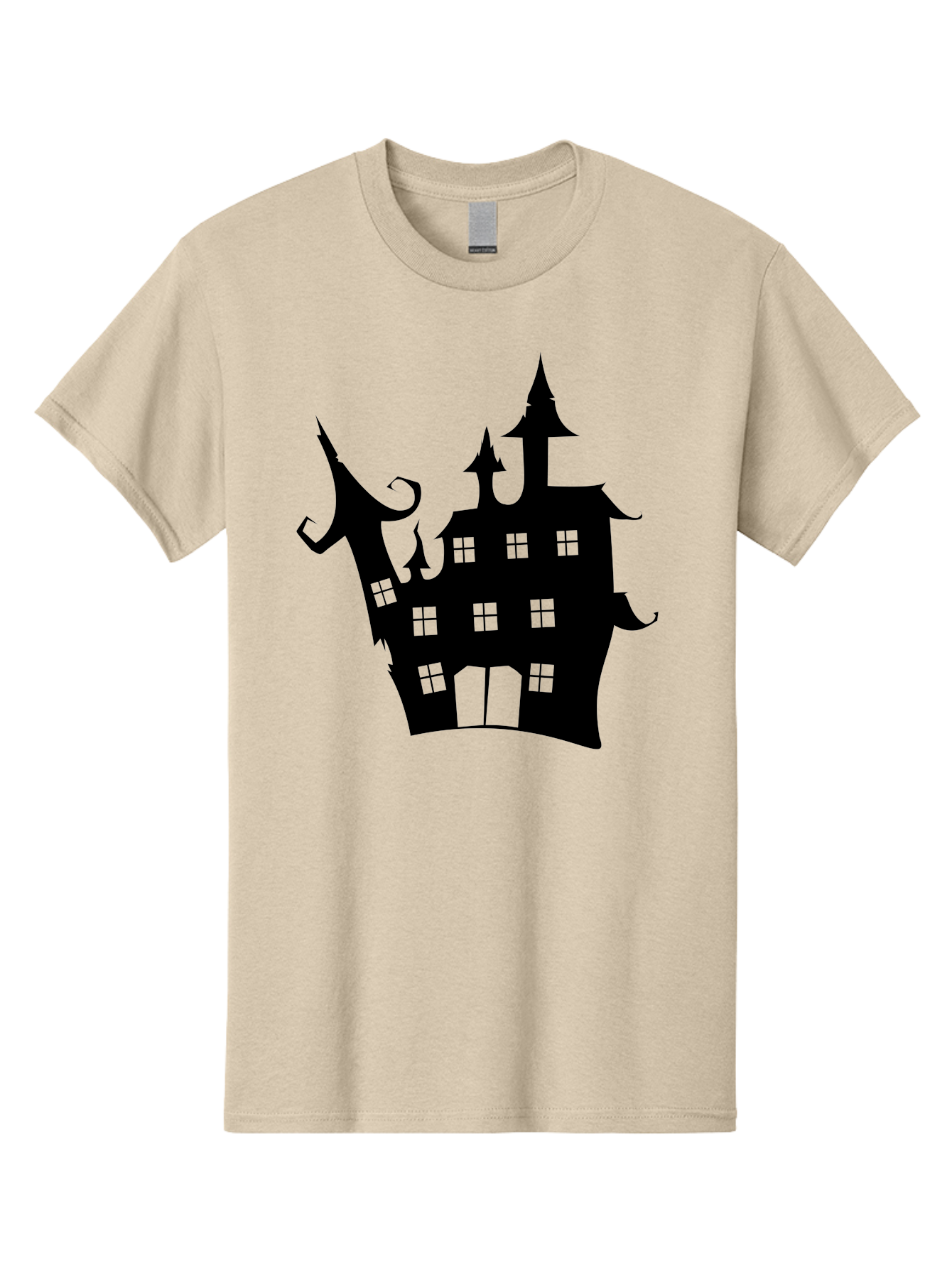 Haunted-House-Silhouette-2 Men'S Graphic Tee, 100% Cotton, Comfortable Casual Summer Wear, Machine Washable, Haunted House, Spooky Atmosphere, Gothic Architecture, Mysterious Mansion, Eerie Silhouette, Halloween Decor Aab225