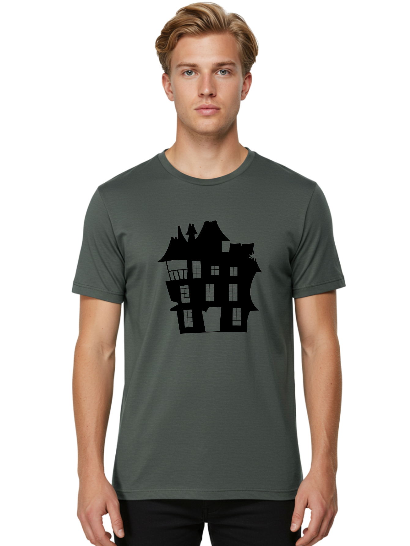 Haunted-House-Silhouette Men'S Graphic Tee, 100% Cotton, Comfortable Casual Summer Wear, Machine Washable, Haunted Mansion, Spooky Silhouette, Eerie Architecture, Creepy House, Haunted Building, Dark Atmosphere, Gothic Style, Mysterious Home Aab226