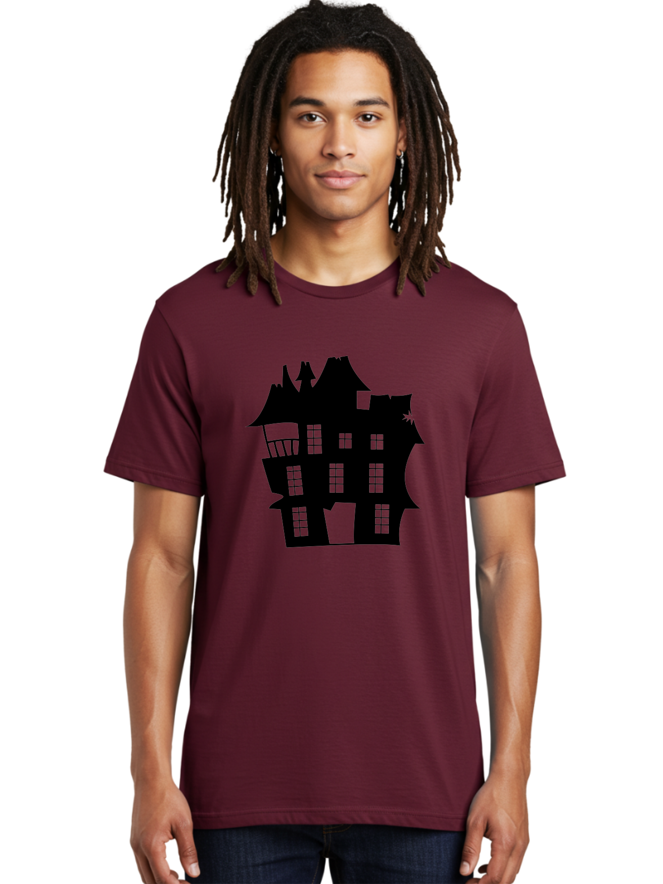 Haunted-House-Silhouette Men'S Graphic Tee, 100% Cotton, Comfortable Casual Summer Wear, Machine Washable, Haunted Mansion, Spooky Silhouette, Eerie Architecture, Creepy House, Haunted Building, Dark Atmosphere, Gothic Style, Mysterious Home Aab226