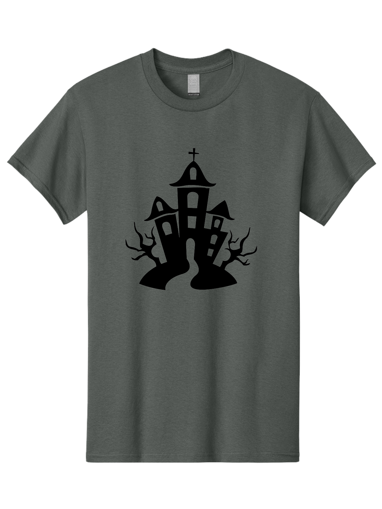 Haunted-House Men'S Graphic Tee, 100% Cotton, Comfortable Casual Summer Wear, Machine Washable, Haunted Church, Spooky Atmosphere, Gothic Architecture, Creepy Trees, Halloween Theme, Eerie Silhouette, Black Church, Cross On Top, Haunted House Aab227