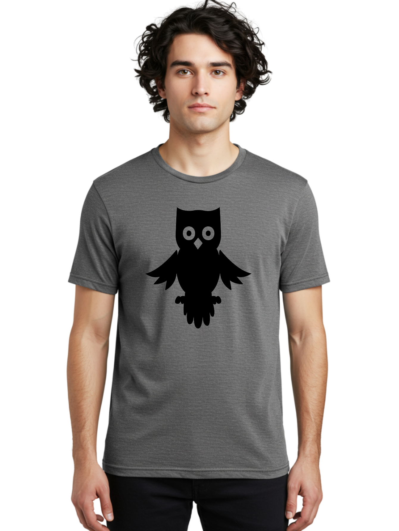 Owl-Silhouette Men'S Graphic Tee, 100% Cotton, Comfortable Casual Summer Wear, Machine Washable, Owl Silhouette, Black Owl, Green Eyes, Diamond Beak, Wingspan, Nocturnal Bird, Wise Animal, Cartoon Style, Simple Design, Owl Art Aab231