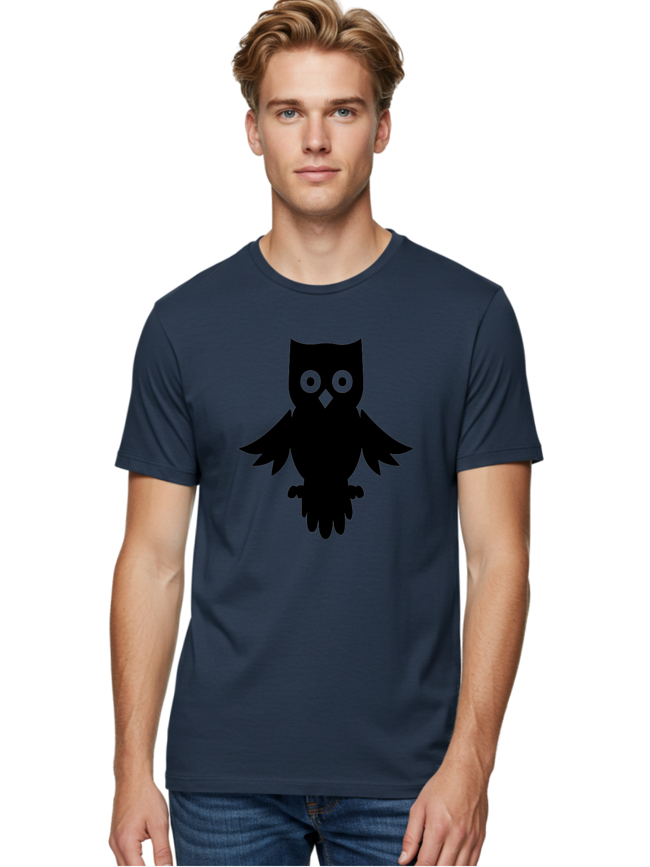 Owl-Silhouette Men'S Graphic Tee, 100% Cotton, Comfortable Casual Summer Wear, Machine Washable, Owl Silhouette, Black Owl, Green Eyes, Diamond Beak, Wingspan, Nocturnal Bird, Wise Animal, Cartoon Style, Simple Design, Owl Art Aab231