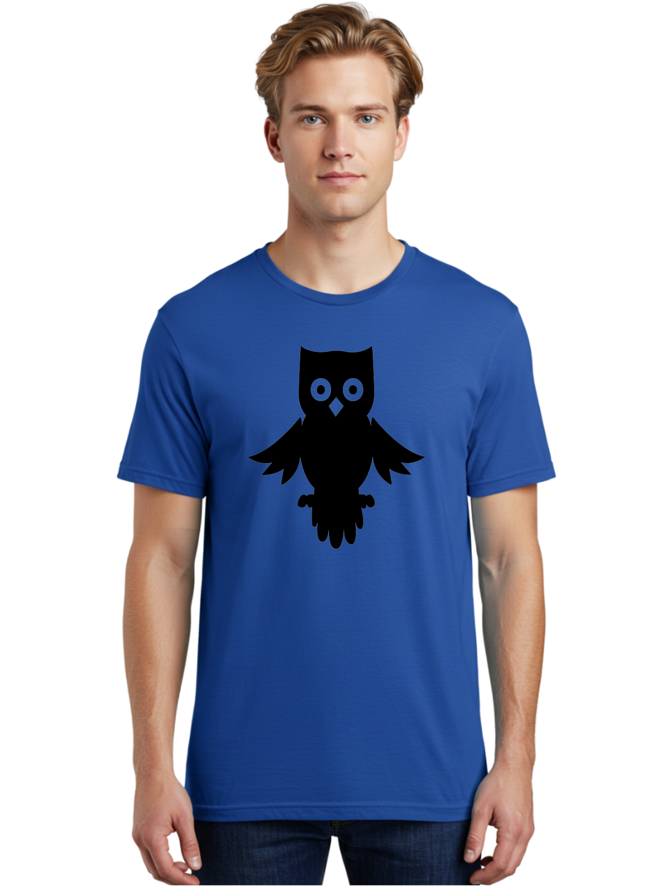 Owl-Silhouette Men'S Graphic Tee, 100% Cotton, Comfortable Casual Summer Wear, Machine Washable, Owl Silhouette, Black Owl, Green Eyes, Diamond Beak, Wingspan, Nocturnal Bird, Wise Animal, Cartoon Style, Simple Design, Owl Art Aab231