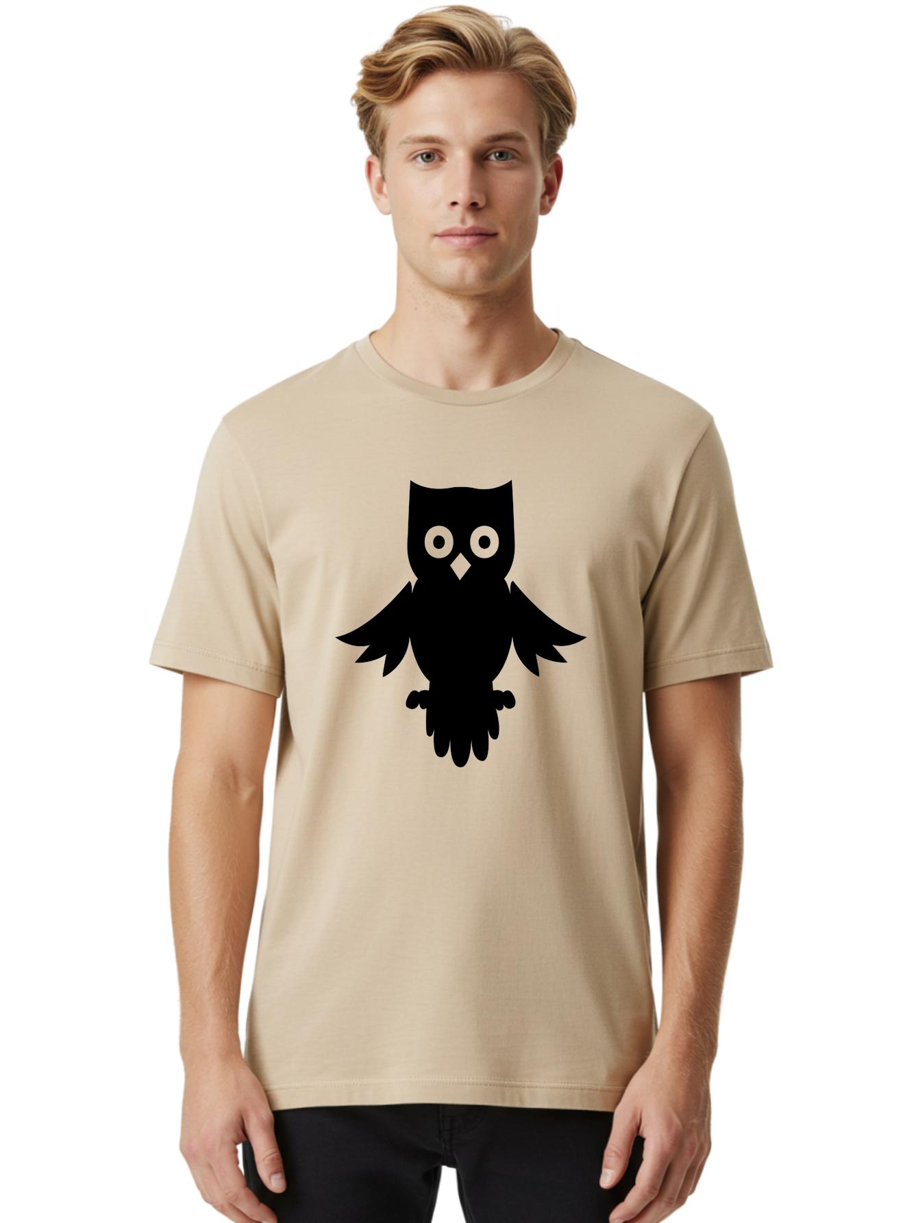 Owl-Silhouette Men'S Graphic Tee, 100% Cotton, Comfortable Casual Summer Wear, Machine Washable, Owl Silhouette, Black Owl, Green Eyes, Diamond Beak, Wingspan, Nocturnal Bird, Wise Animal, Cartoon Style, Simple Design, Owl Art Aab231