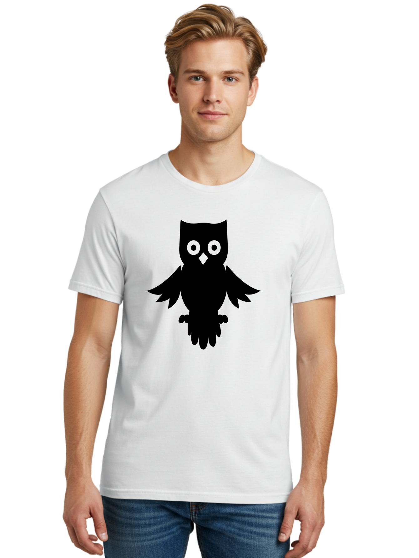 Owl-Silhouette Men'S Graphic Tee, 100% Cotton, Comfortable Casual Summer Wear, Machine Washable, Owl Silhouette, Black Owl, Green Eyes, Diamond Beak, Wingspan, Nocturnal Bird, Wise Animal, Cartoon Style, Simple Design, Owl Art Aab231