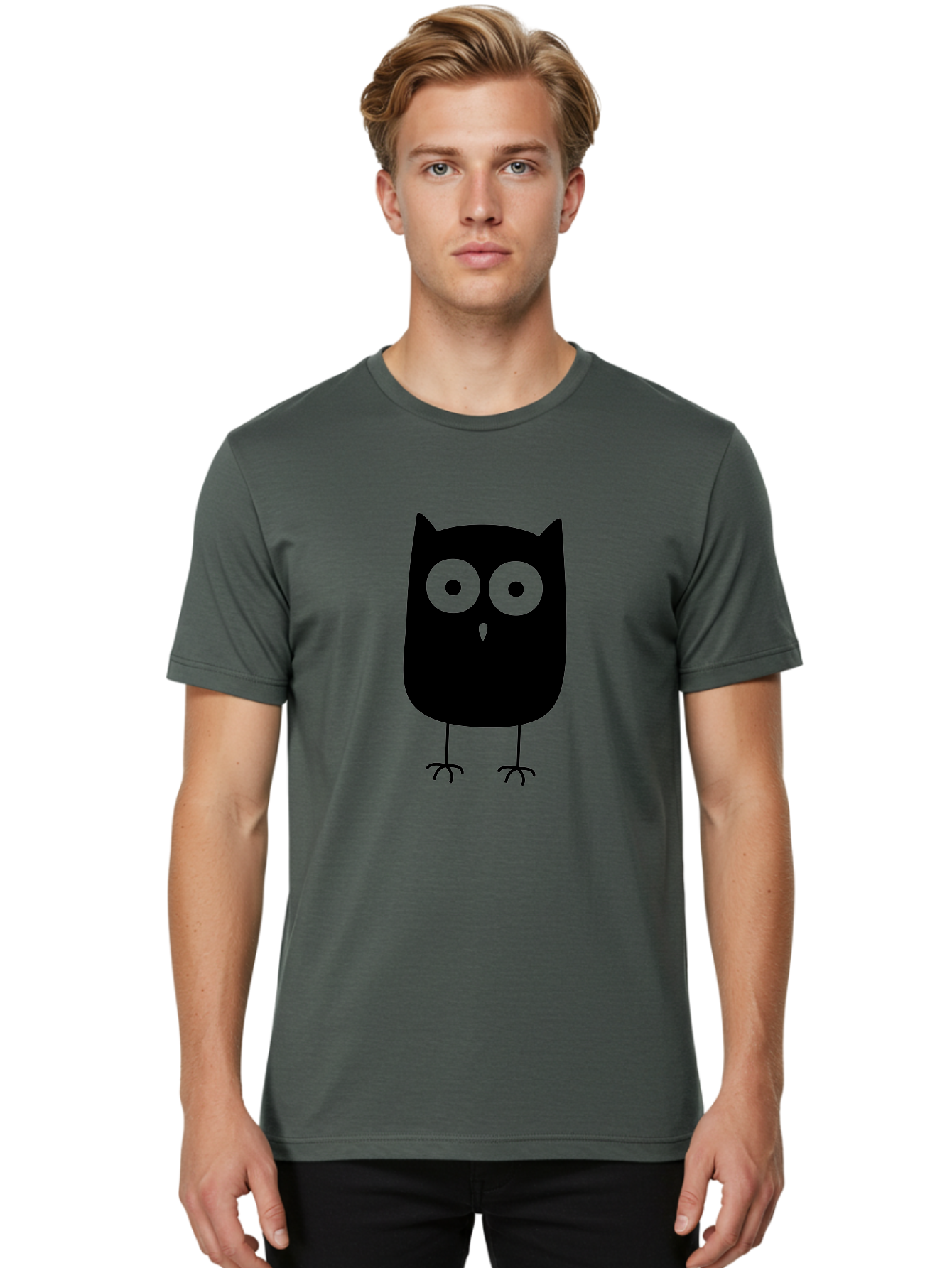 Owl Men'S Graphic Tee, 100% Cotton, Comfortable Casual Summer Wear, Machine Washable, Cartoon Owl, Simple Design, Black Silhouette, Green Eyes, Cute Illustration, Minimalist Art, Bird Character, Graphic Design Element Aab232