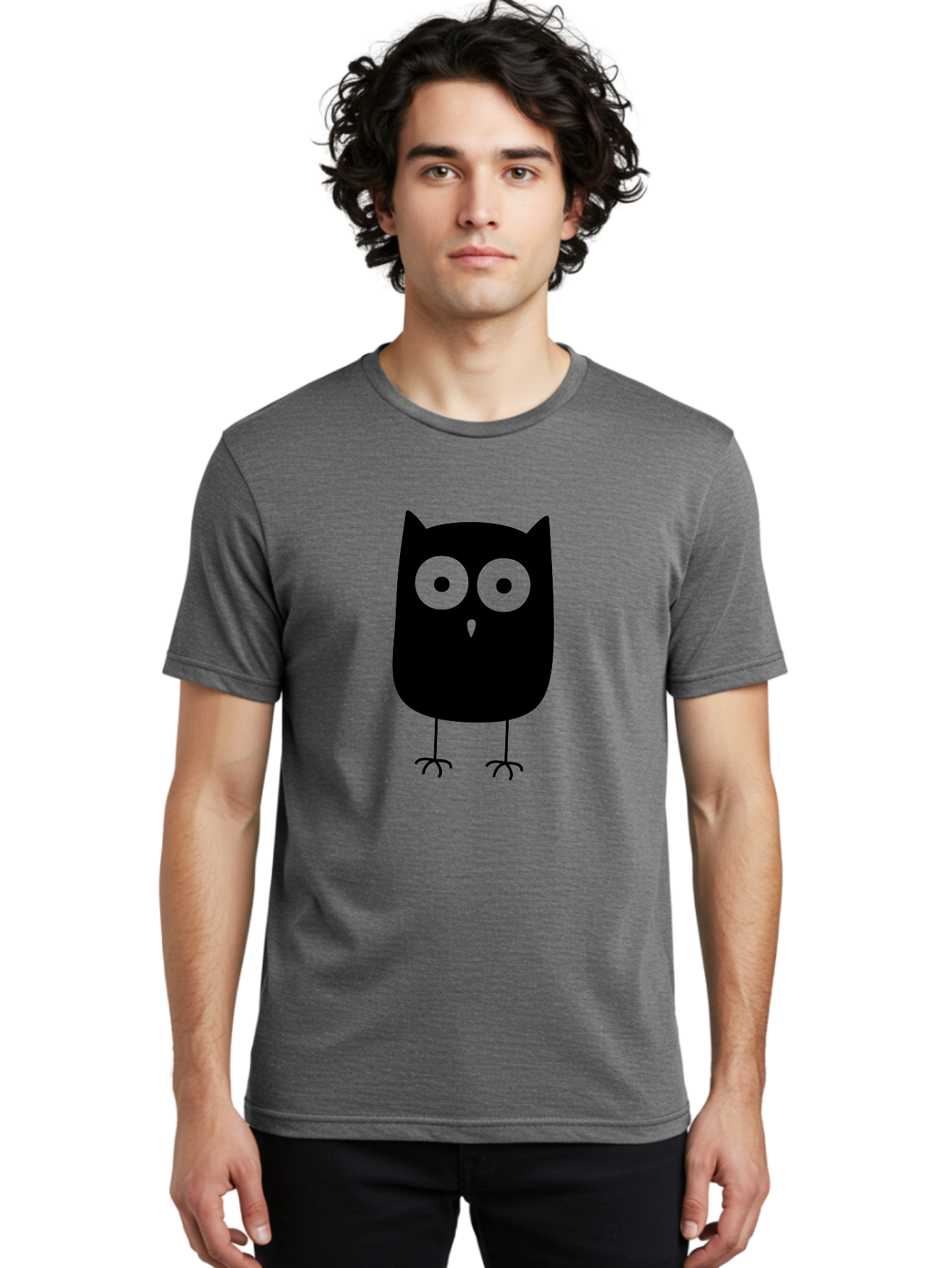 Owl Men'S Graphic Tee, 100% Cotton, Comfortable Casual Summer Wear, Machine Washable, Cartoon Owl, Simple Design, Black Silhouette, Green Eyes, Cute Illustration, Minimalist Art, Bird Character, Graphic Design Element Aab232