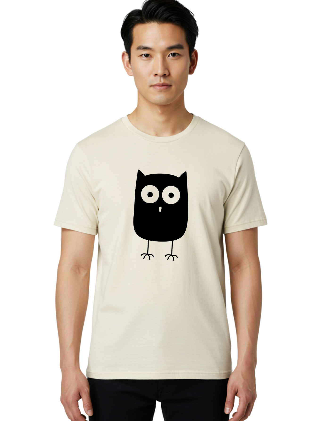 Owl Men'S Graphic Tee, 100% Cotton, Comfortable Casual Summer Wear, Machine Washable, Cartoon Owl, Simple Design, Black Silhouette, Green Eyes, Cute Illustration, Minimalist Art, Bird Character, Graphic Design Element Aab232