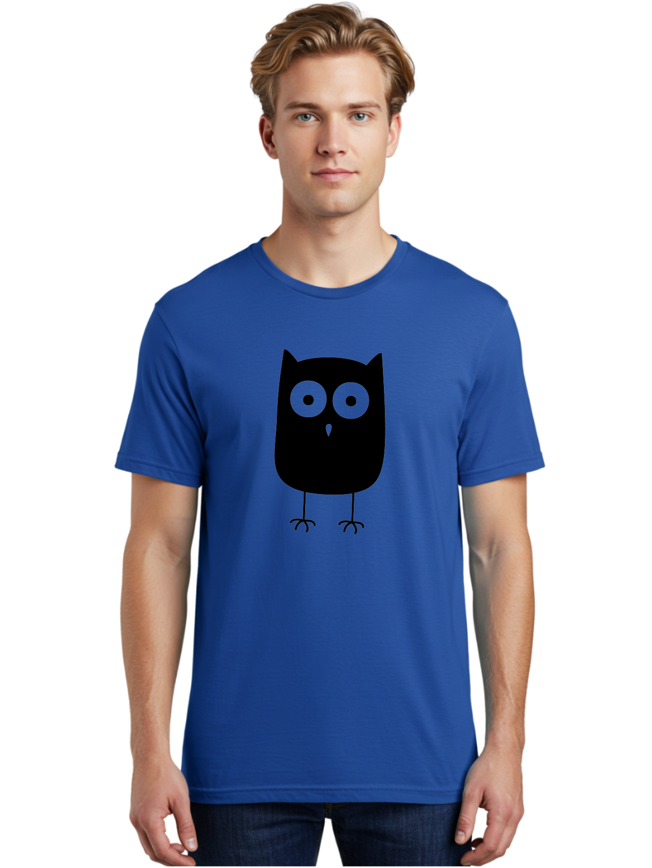 Owl Men'S Graphic Tee, 100% Cotton, Comfortable Casual Summer Wear, Machine Washable, Cartoon Owl, Simple Design, Black Silhouette, Green Eyes, Cute Illustration, Minimalist Art, Bird Character, Graphic Design Element Aab232