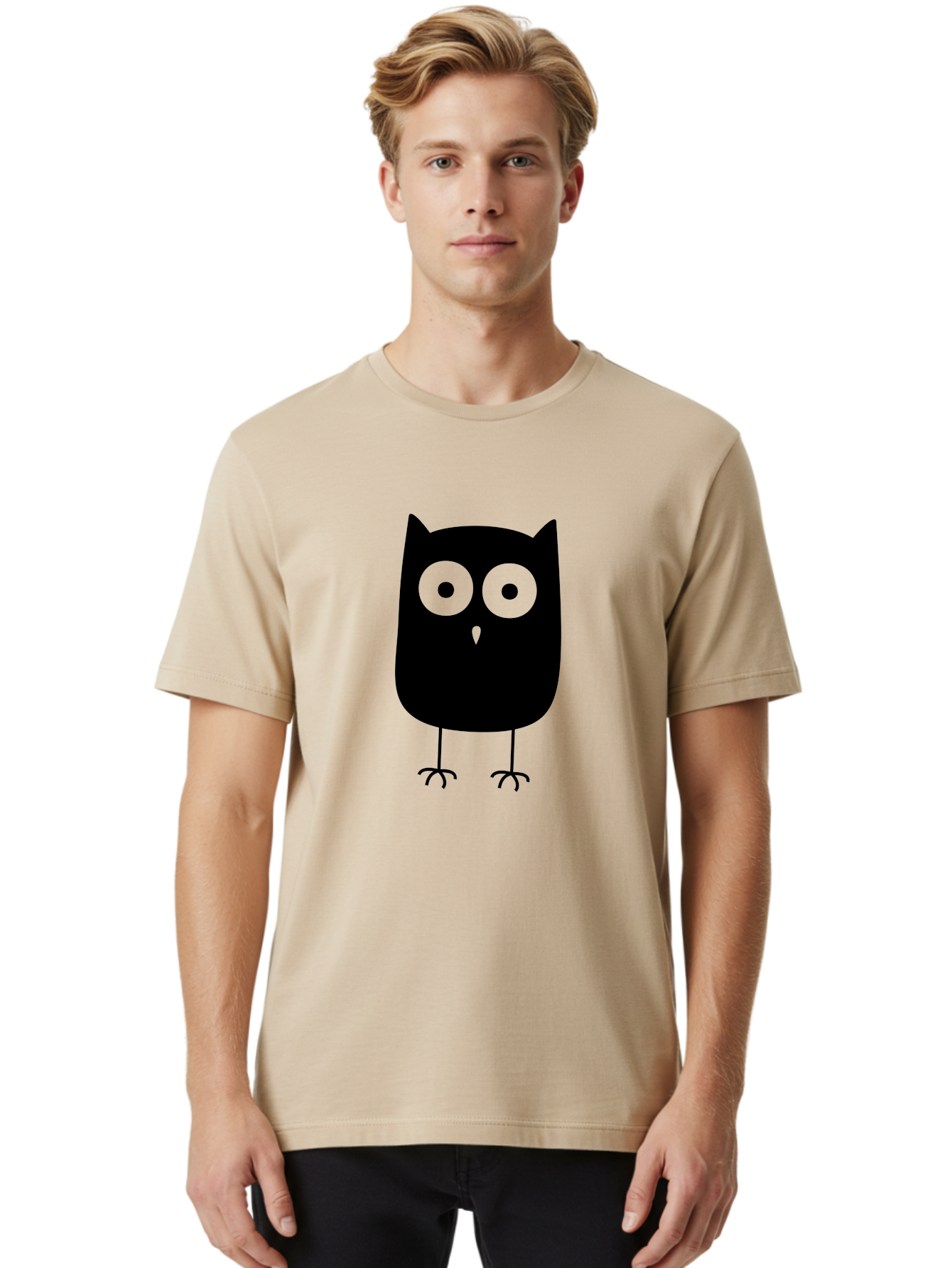 Owl Men'S Graphic Tee, 100% Cotton, Comfortable Casual Summer Wear, Machine Washable, Cartoon Owl, Simple Design, Black Silhouette, Green Eyes, Cute Illustration, Minimalist Art, Bird Character, Graphic Design Element Aab232