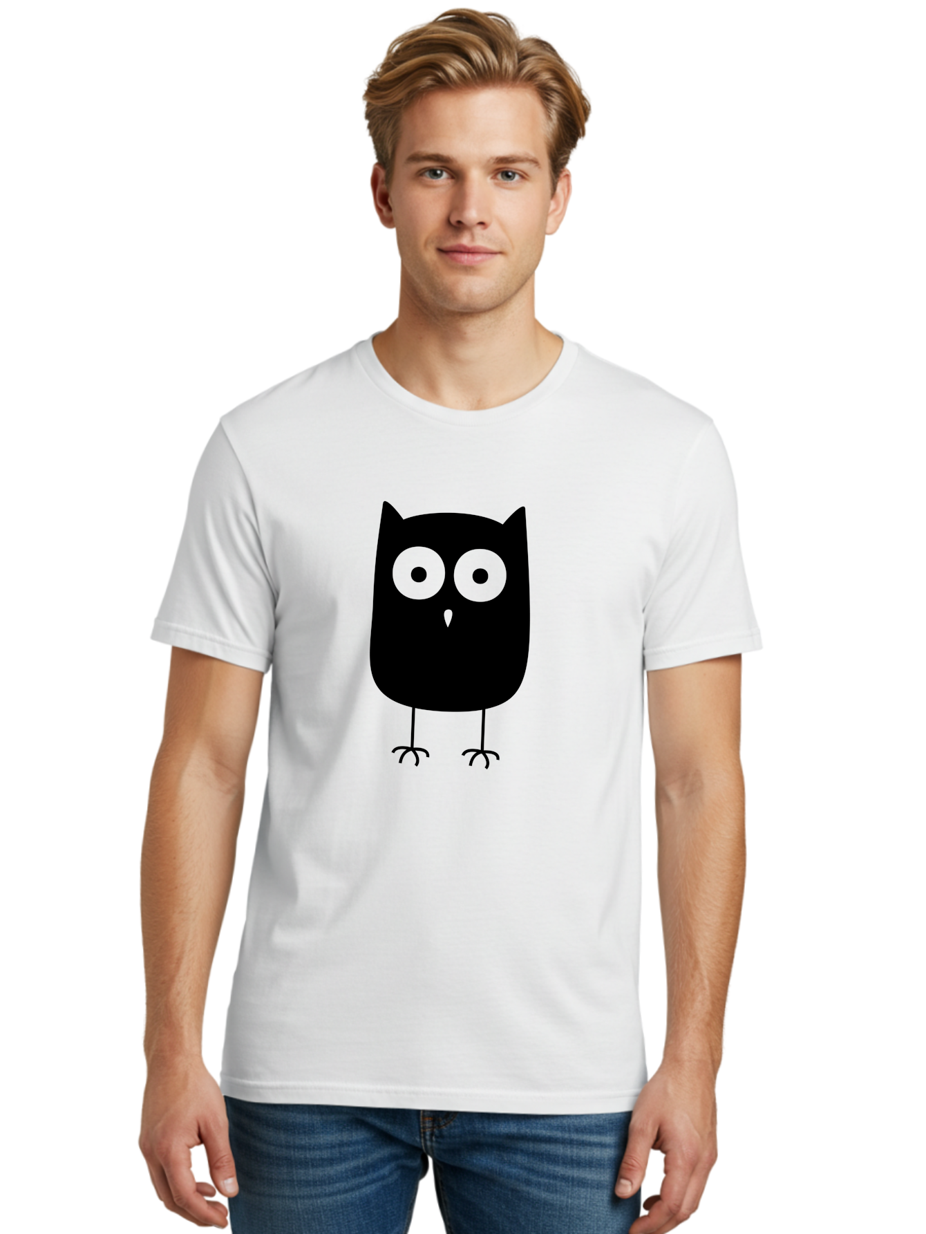 Owl Men'S Graphic Tee, 100% Cotton, Comfortable Casual Summer Wear, Machine Washable, Cartoon Owl, Simple Design, Black Silhouette, Green Eyes, Cute Illustration, Minimalist Art, Bird Character, Graphic Design Element Aab232
