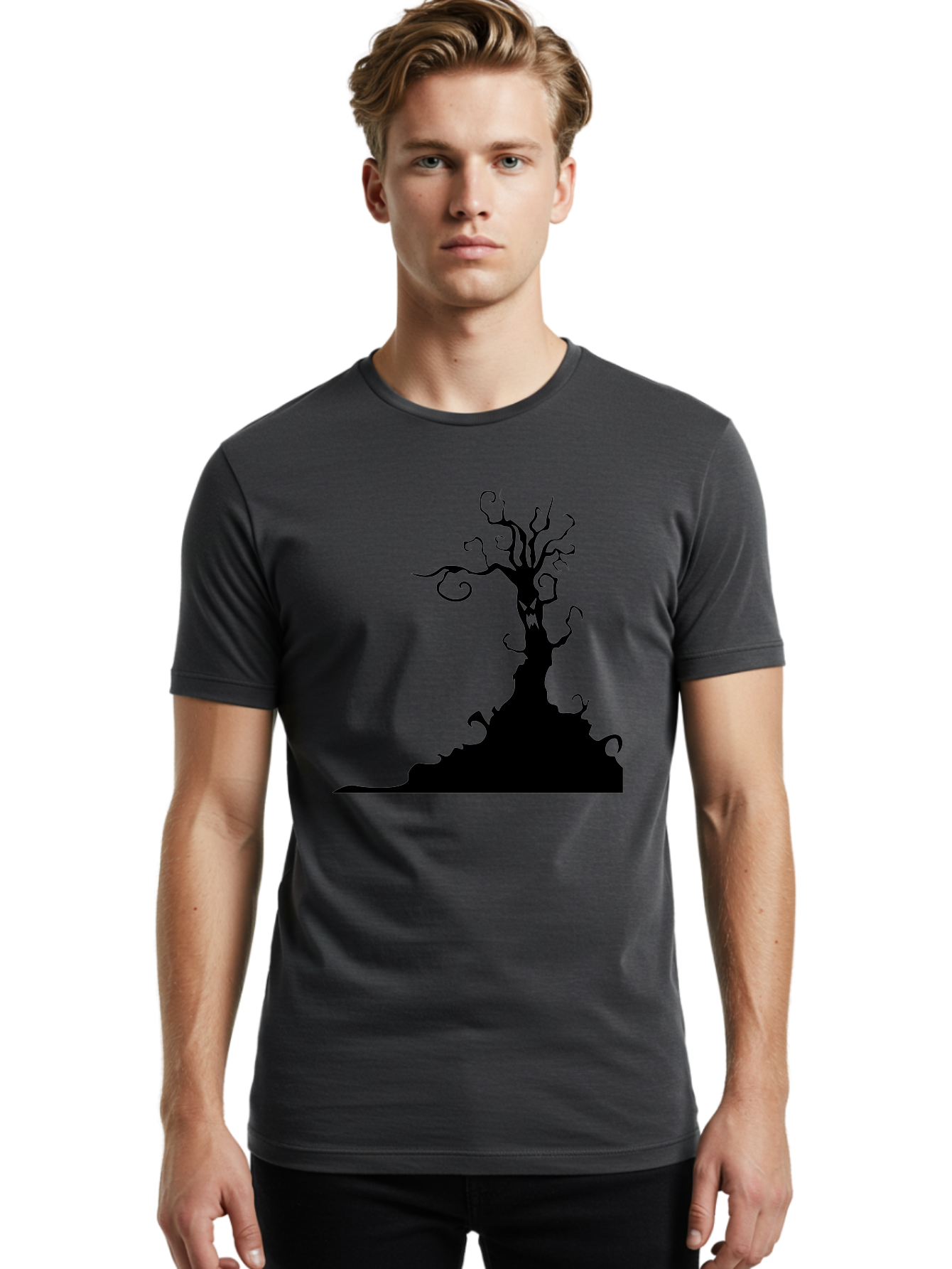 Tree-Silhouette Men'S Graphic Tee, 100% Cotton, Comfortable Casual Summer Wear, Machine Washable, Twisted Tree, Spooky Atmosphere, Mysterious Forest, Gothic Landscape, Bare Branches, Eerie Silhouette, Dark Fantasy, Haunting Imagery Aab235