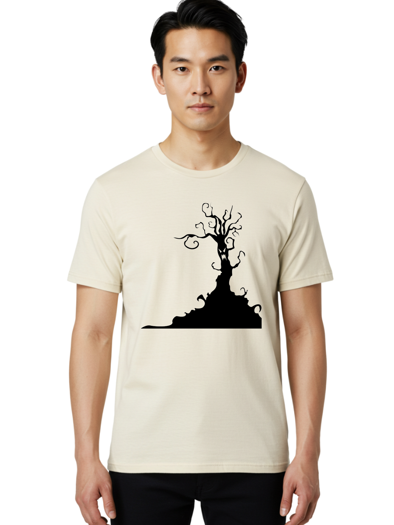 Tree-Silhouette Men'S Graphic Tee, 100% Cotton, Comfortable Casual Summer Wear, Machine Washable, Twisted Tree, Spooky Atmosphere, Mysterious Forest, Gothic Landscape, Bare Branches, Eerie Silhouette, Dark Fantasy, Haunting Imagery Aab235