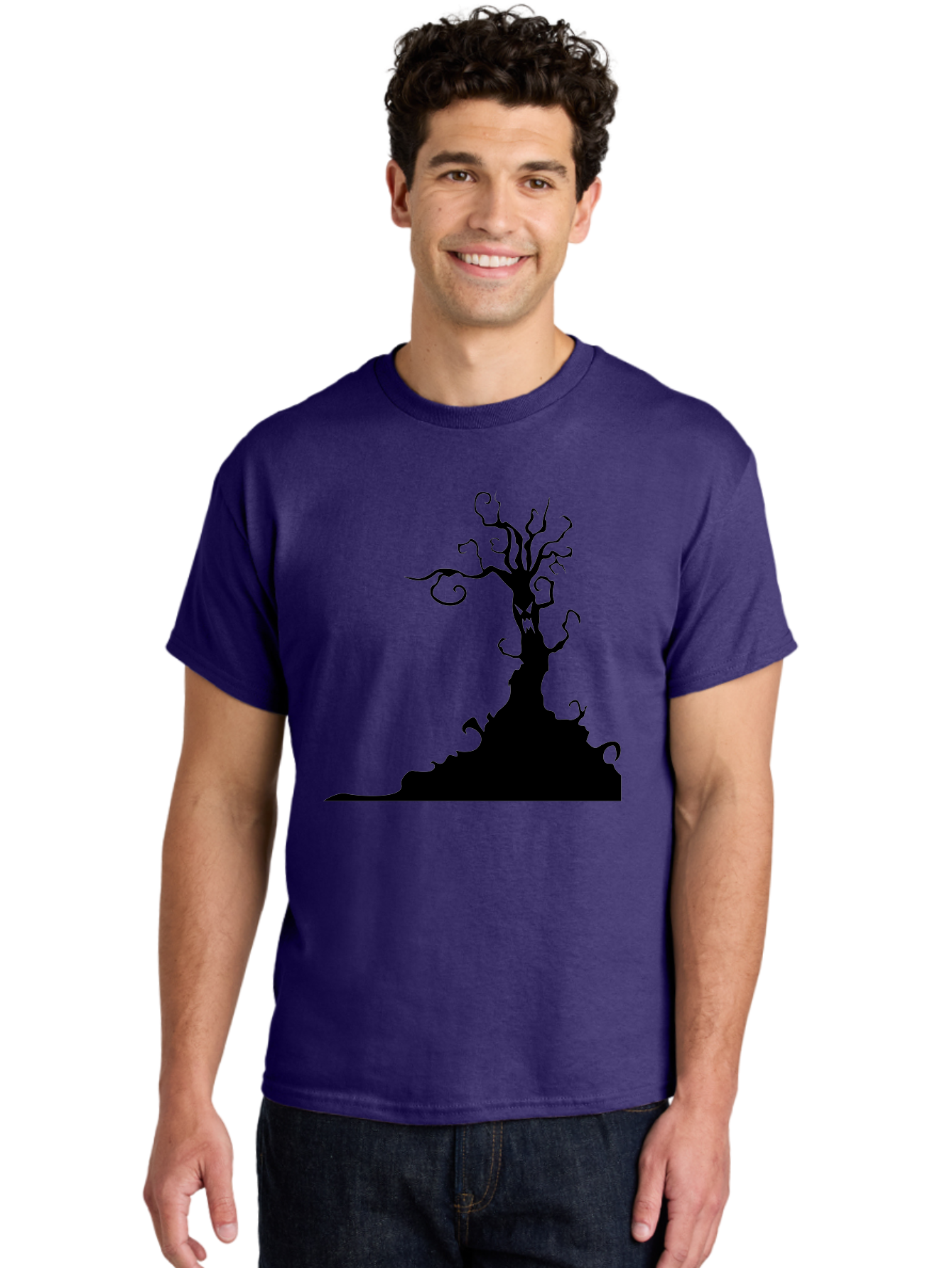 Tree-Silhouette Men'S Graphic Tee, 100% Cotton, Comfortable Casual Summer Wear, Machine Washable, Twisted Tree, Spooky Atmosphere, Mysterious Forest, Gothic Landscape, Bare Branches, Eerie Silhouette, Dark Fantasy, Haunting Imagery Aab235