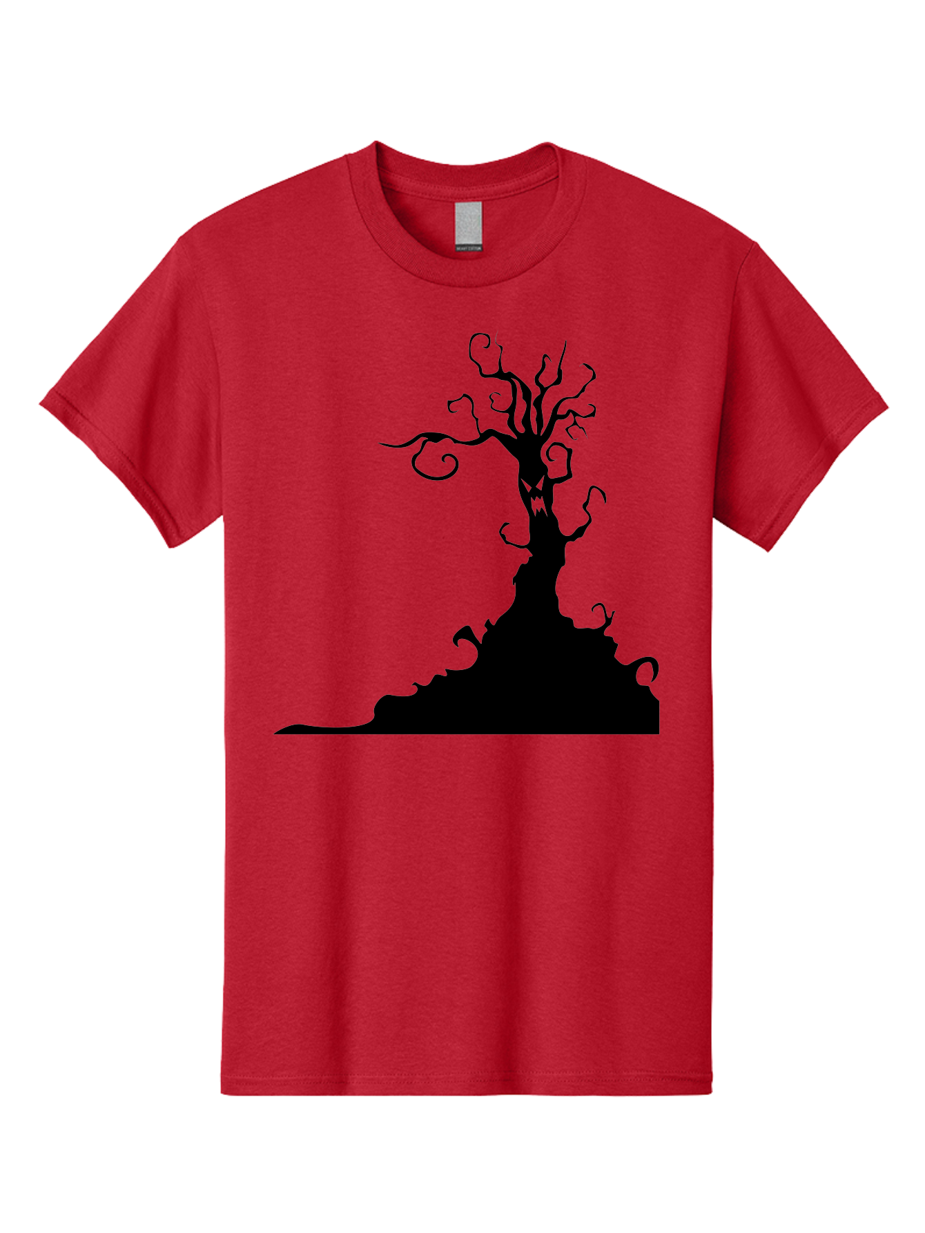 Tree-Silhouette Men'S Graphic Tee, 100% Cotton, Comfortable Casual Summer Wear, Machine Washable, Twisted Tree, Spooky Atmosphere, Mysterious Forest, Gothic Landscape, Bare Branches, Eerie Silhouette, Dark Fantasy, Haunting Imagery Aab235