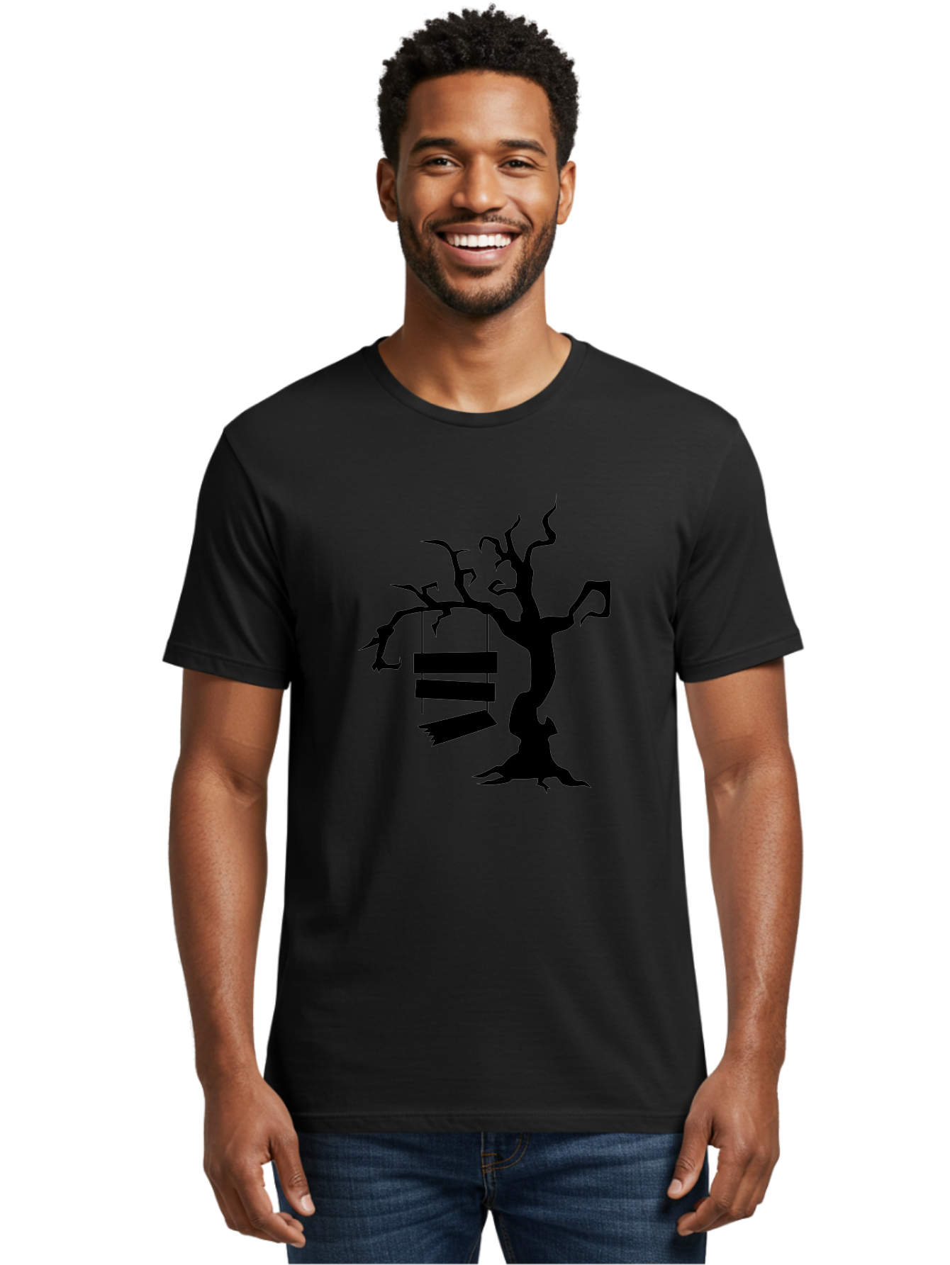 Tree-Swing-Silhouette Men'S Graphic Tee, 100% Cotton, Comfortable Casual Summer Wear, Machine Washable, Tree Swing, Spooky Tree, Twisted Branches, Wooden Planks, Eerie Atmosphere, Haunting Decor, Halloween Theme, Gothic Style Aab236