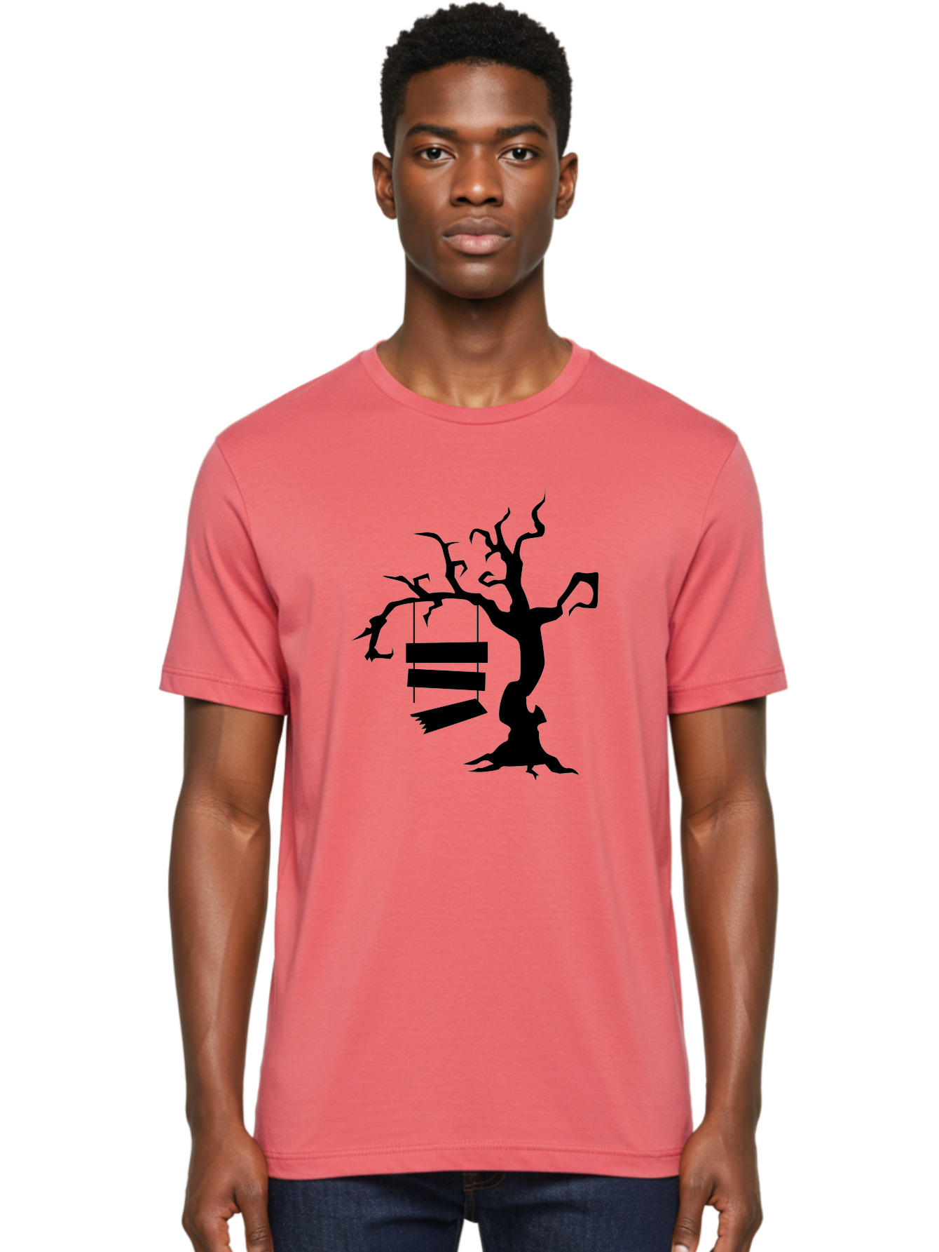 Tree-Swing-Silhouette Men'S Graphic Tee, 100% Cotton, Comfortable Casual Summer Wear, Machine Washable, Tree Swing, Spooky Tree, Twisted Branches, Wooden Planks, Eerie Atmosphere, Haunting Decor, Halloween Theme, Gothic Style Aab236