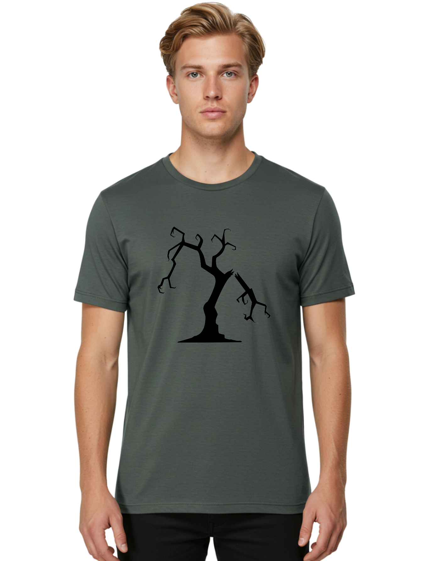 Twisted-Tree Men'S Graphic Tee, 100% Cotton, Comfortable Casual Summer Wear, Machine Washable, Dead Tree, Bare Branches, Twisted Limbs, Spooky Atmosphere, Dark Silhouette, Halloween Theme, Eerie Landscape, Gothic Aesthetic, Mysterious Forest, Aab237