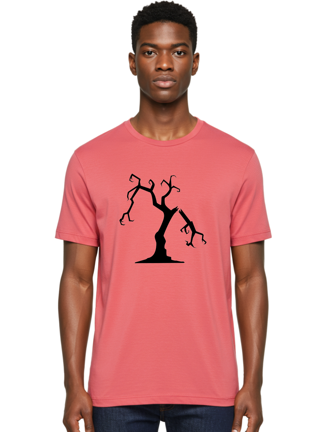 Twisted-Tree Men'S Graphic Tee, 100% Cotton, Comfortable Casual Summer Wear, Machine Washable, Dead Tree, Bare Branches, Twisted Limbs, Spooky Atmosphere, Dark Silhouette, Halloween Theme, Eerie Landscape, Gothic Aesthetic, Mysterious Forest, Aab237