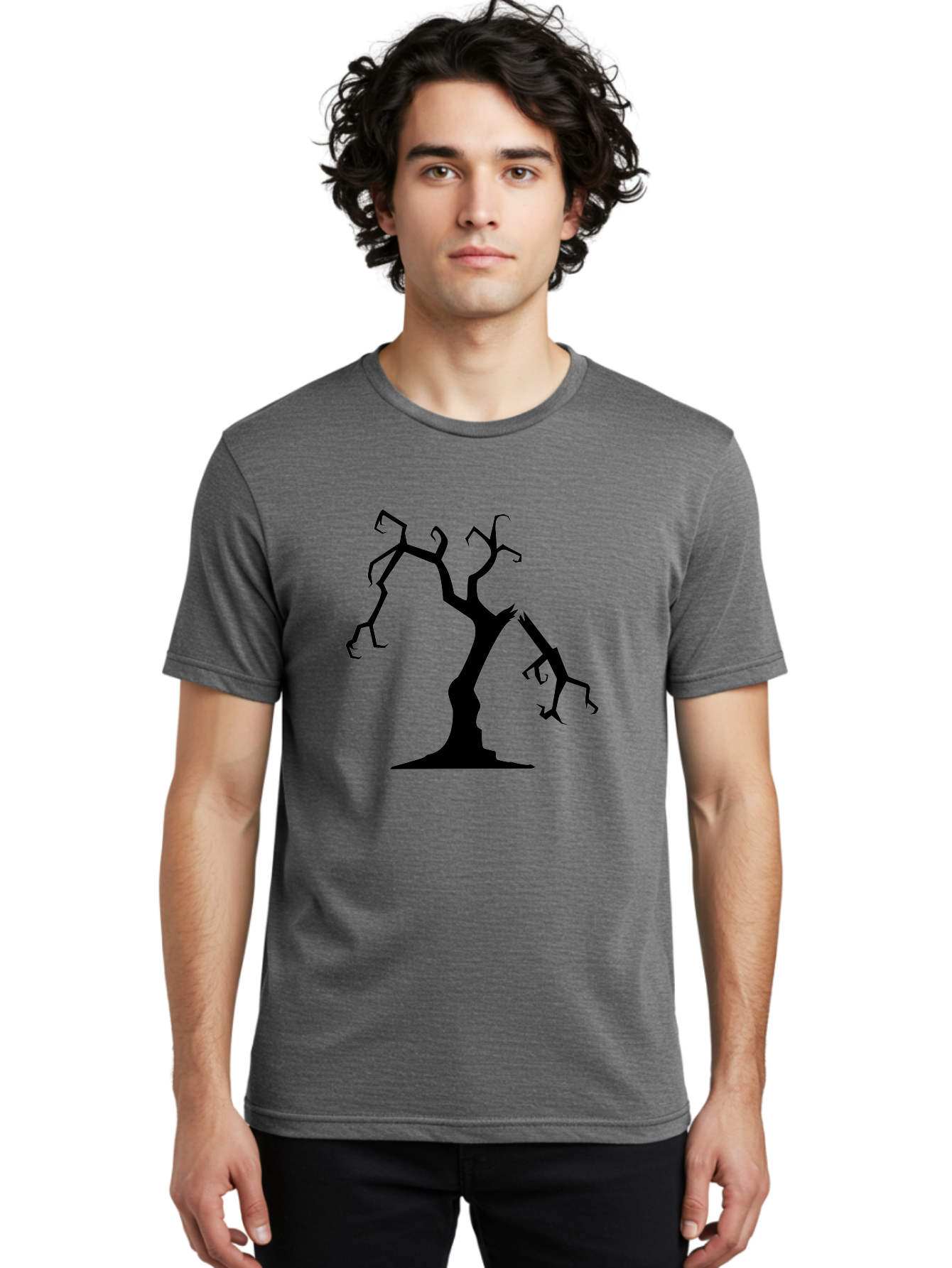 Twisted-Tree Men'S Graphic Tee, 100% Cotton, Comfortable Casual Summer Wear, Machine Washable, Dead Tree, Bare Branches, Twisted Limbs, Spooky Atmosphere, Dark Silhouette, Halloween Theme, Eerie Landscape, Gothic Aesthetic, Mysterious Forest, Aab237