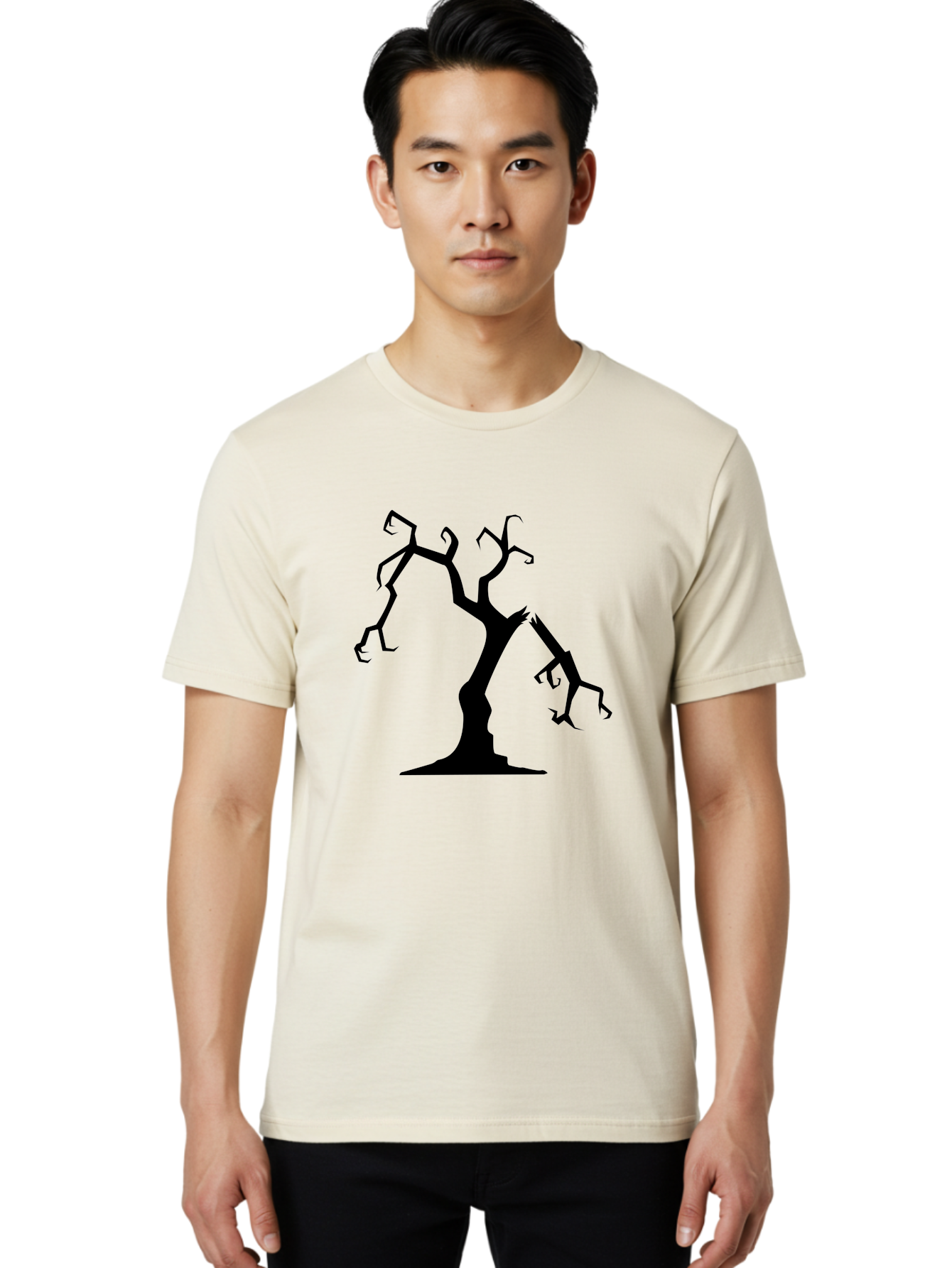 Twisted-Tree Men'S Graphic Tee, 100% Cotton, Comfortable Casual Summer Wear, Machine Washable, Dead Tree, Bare Branches, Twisted Limbs, Spooky Atmosphere, Dark Silhouette, Halloween Theme, Eerie Landscape, Gothic Aesthetic, Mysterious Forest, Aab237