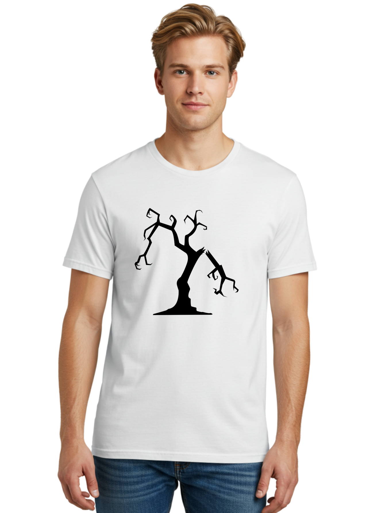 Twisted-Tree Men'S Graphic Tee, 100% Cotton, Comfortable Casual Summer Wear, Machine Washable, Dead Tree, Bare Branches, Twisted Limbs, Spooky Atmosphere, Dark Silhouette, Halloween Theme, Eerie Landscape, Gothic Aesthetic, Mysterious Forest, Aab237