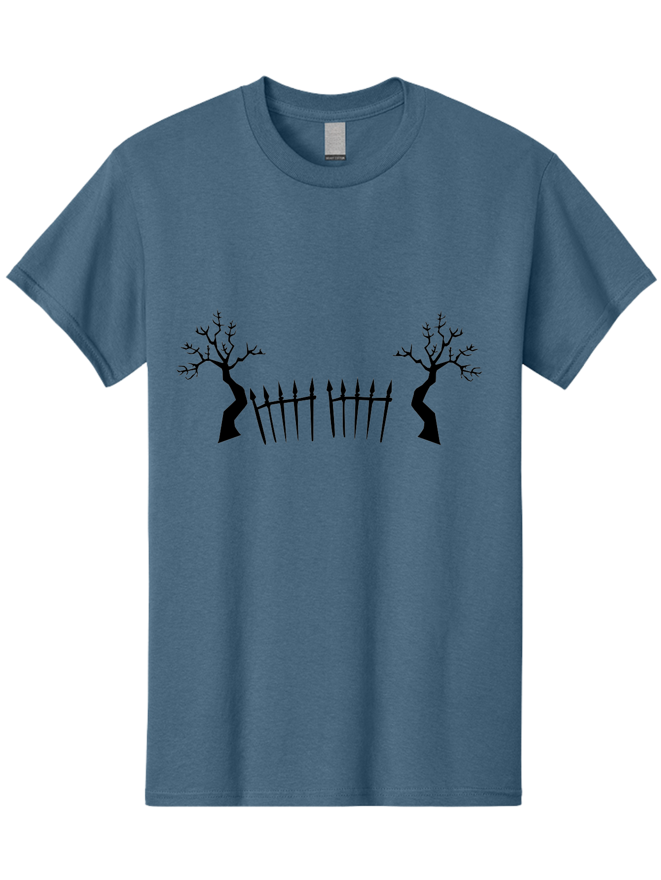 Twisted-Trees-And-Fence Men'S Graphic Tee, 100% Cotton, Comfortable Casual Summer Wear, Machine Washable, Twisted Trees, Bare Branches, Wrought Iron Fence, Spiked Fence, Eerie Landscape, Gothic Scenery, Haunted Atmosphere, Dark Silhouette, Aab238