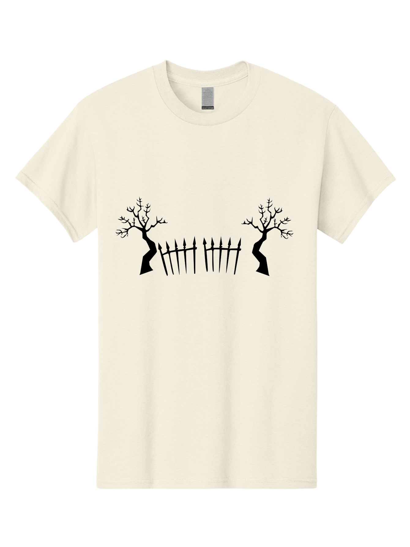 Twisted-Trees-And-Fence Men'S Graphic Tee, 100% Cotton, Comfortable Casual Summer Wear, Machine Washable, Twisted Trees, Bare Branches, Wrought Iron Fence, Spiked Fence, Eerie Landscape, Gothic Scenery, Haunted Atmosphere, Dark Silhouette, Aab238