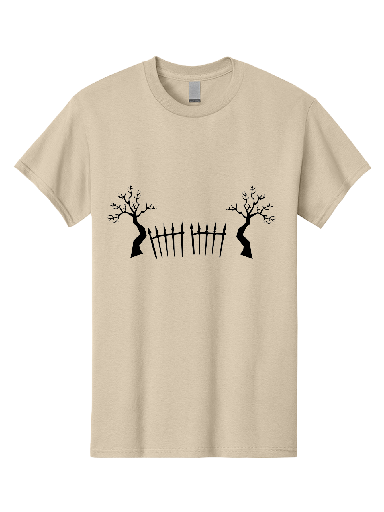 Twisted-Trees-And-Fence Men'S Graphic Tee, 100% Cotton, Comfortable Casual Summer Wear, Machine Washable, Twisted Trees, Bare Branches, Wrought Iron Fence, Spiked Fence, Eerie Landscape, Gothic Scenery, Haunted Atmosphere, Dark Silhouette, Aab238