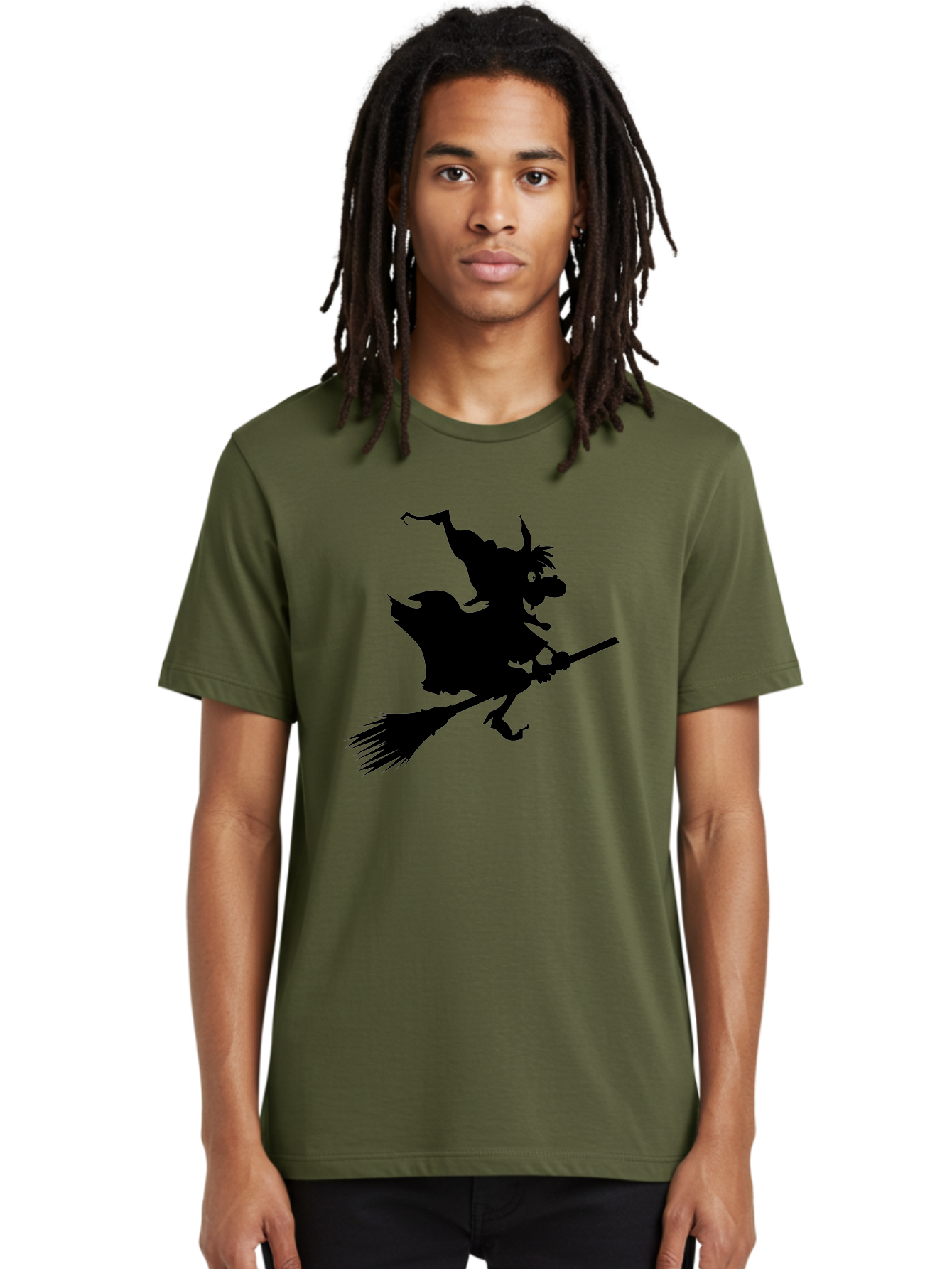 Witch-On-Broomstick Men'S Graphic Tee, 100% Cotton, Comfortable Casual Summer Wear, Machine Washable, Witch On Broomstick, Flying Witch, Halloween Character, Silhouette Art, Magical Creature, Spooky Theme, Mysterious Atmosphere, Aab239