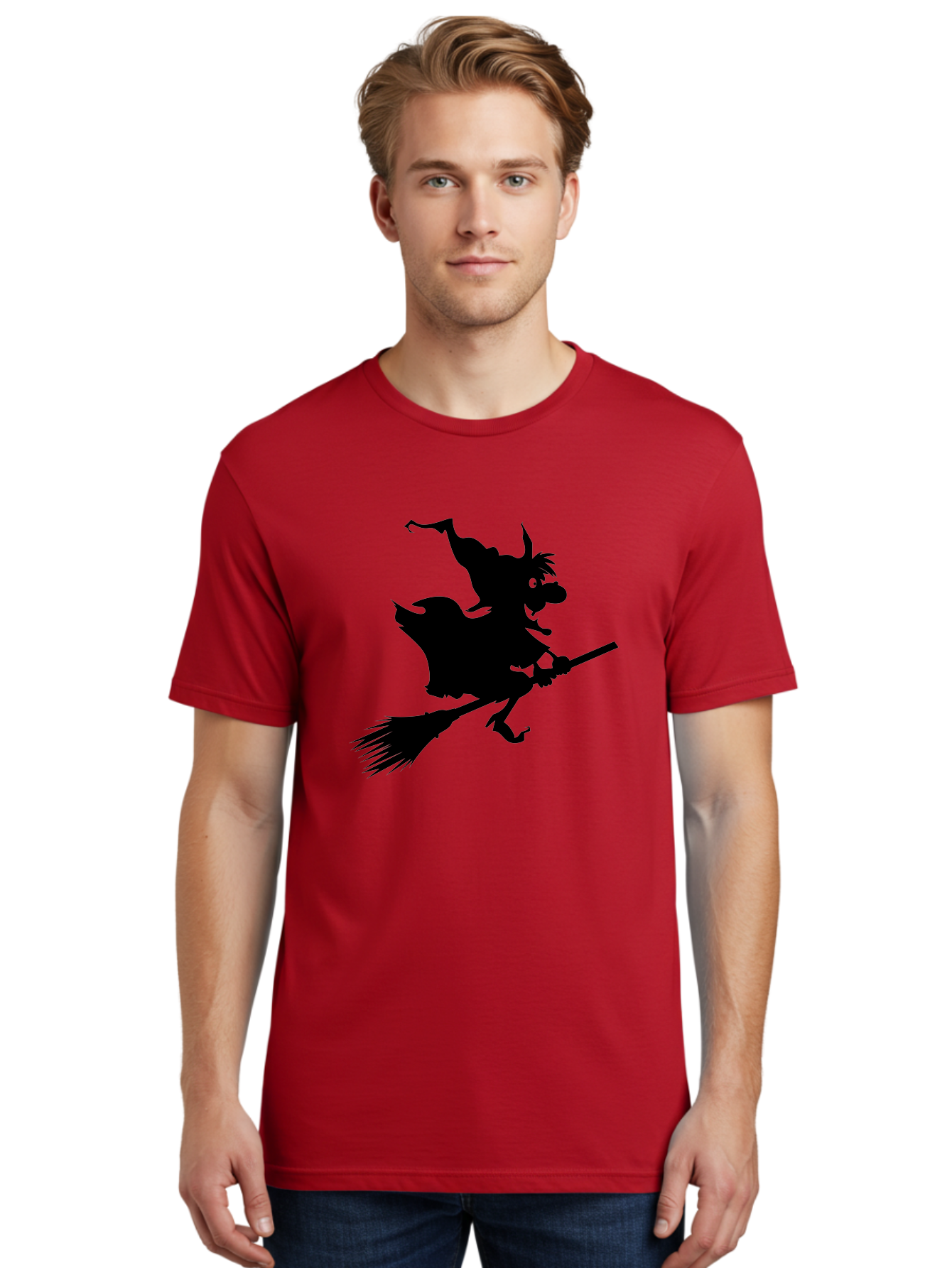 Witch-On-Broomstick Men'S Graphic Tee, 100% Cotton, Comfortable Casual Summer Wear, Machine Washable, Witch On Broomstick, Flying Witch, Halloween Character, Silhouette Art, Magical Creature, Spooky Theme, Mysterious Atmosphere, Aab239