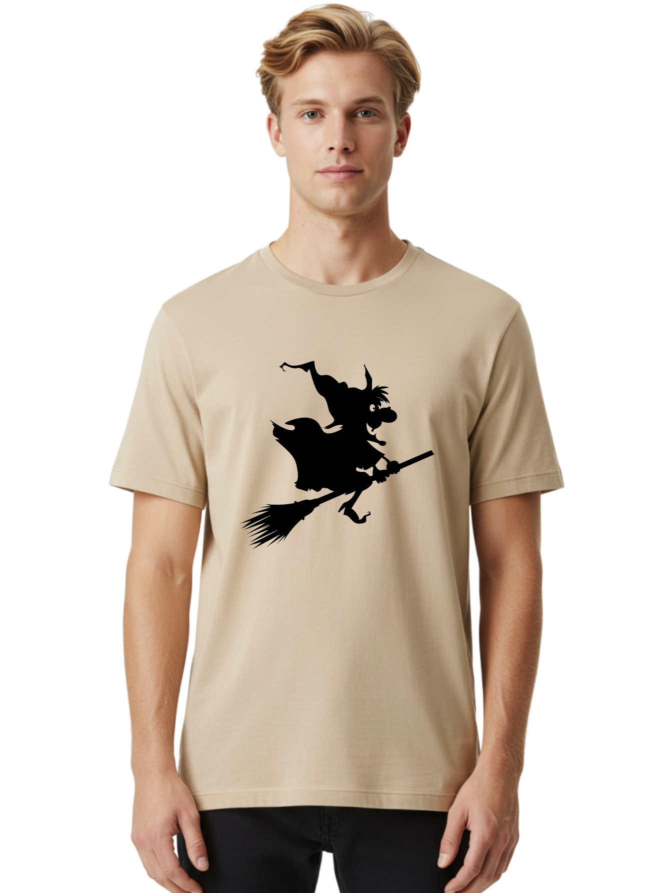 Witch-On-Broomstick Men'S Graphic Tee, 100% Cotton, Comfortable Casual Summer Wear, Machine Washable, Witch On Broomstick, Flying Witch, Halloween Character, Silhouette Art, Magical Creature, Spooky Theme, Mysterious Atmosphere, Aab239
