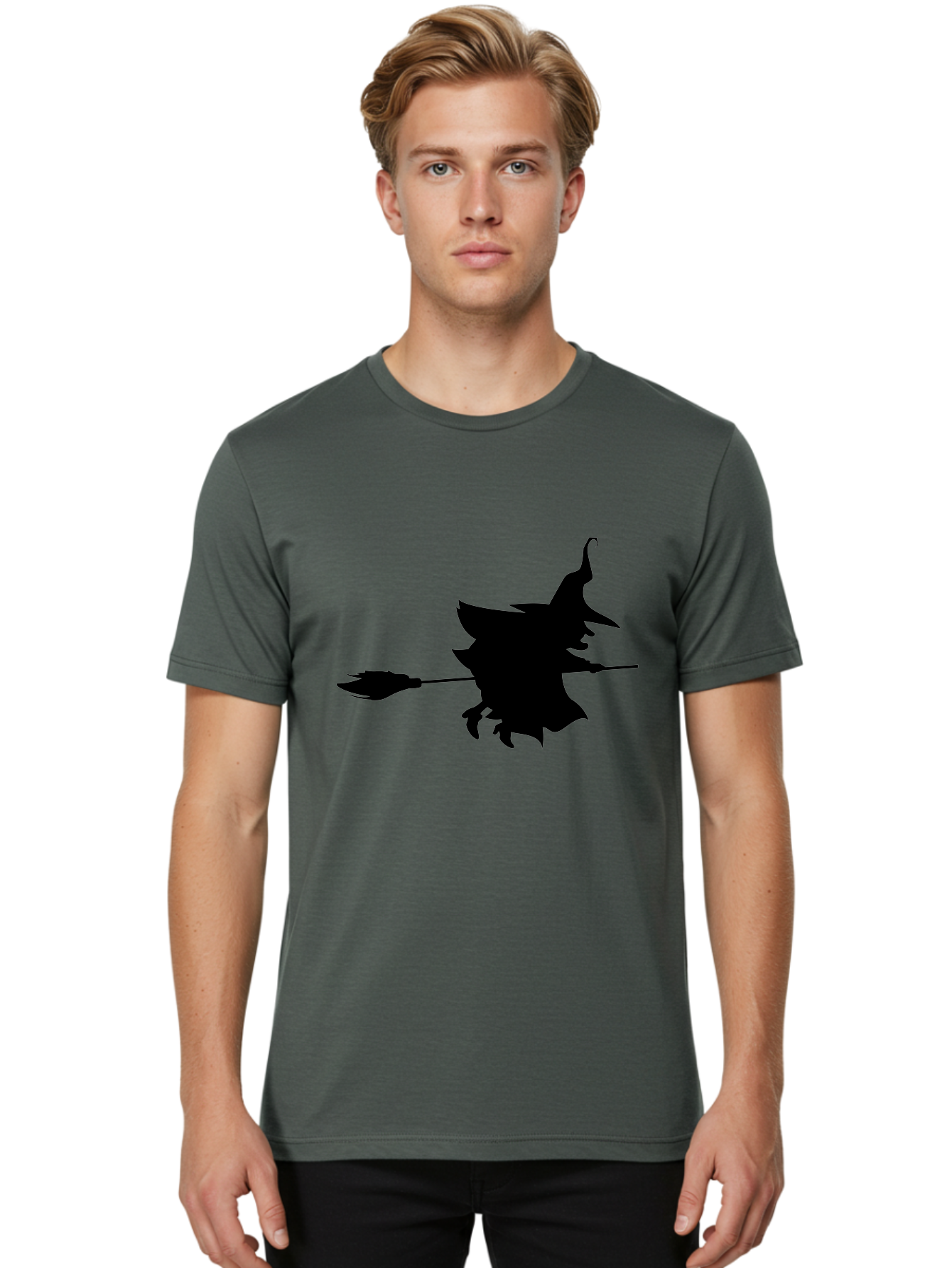 Witch-Silhouette Men'S Graphic Tee, 100% Cotton, Comfortable Casual Summer Wear, Machine Washable, Witch Silhouette, Flying On Broomstick, Halloween Magic, Spooky Atmosphere, Mystical Powers, Flying Witch, Halloween Theme Aab240
