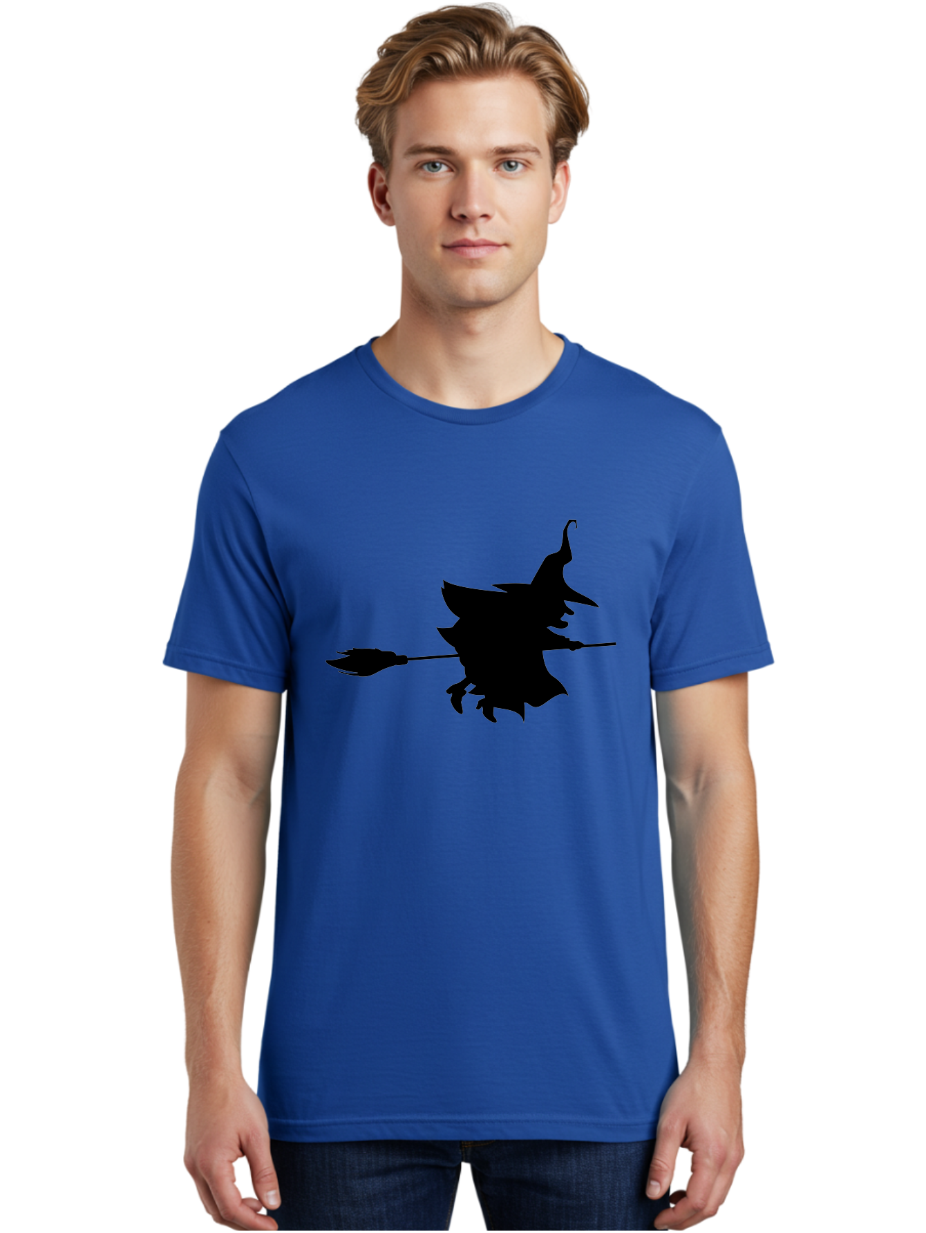 Witch-Silhouette Men'S Graphic Tee, 100% Cotton, Comfortable Casual Summer Wear, Machine Washable, Witch Silhouette, Flying On Broomstick, Halloween Magic, Spooky Atmosphere, Mystical Powers, Flying Witch, Halloween Theme Aab240
