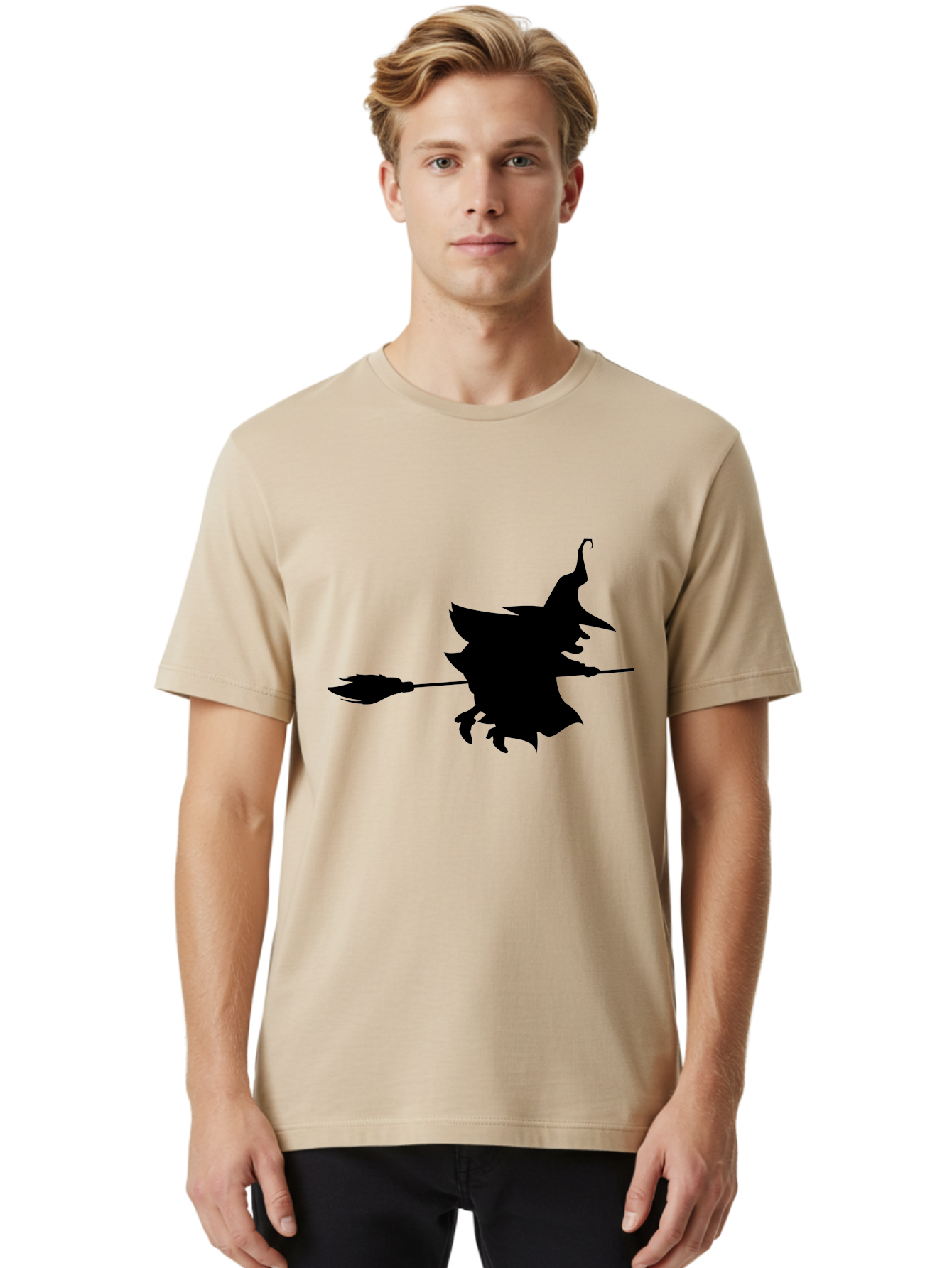 Witch-Silhouette Men'S Graphic Tee, 100% Cotton, Comfortable Casual Summer Wear, Machine Washable, Witch Silhouette, Flying On Broomstick, Halloween Magic, Spooky Atmosphere, Mystical Powers, Flying Witch, Halloween Theme Aab240