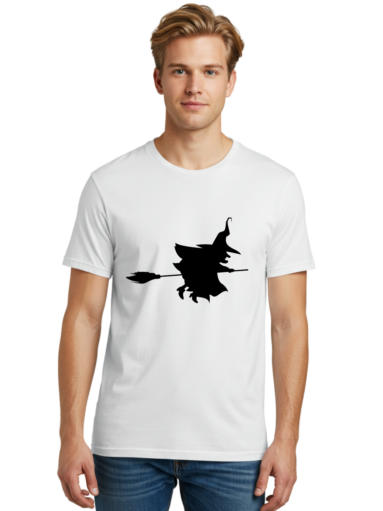 Witch-Silhouette Men'S Graphic Tee, 100% Cotton, Comfortable Casual Summer Wear, Machine Washable, Witch Silhouette, Flying On Broomstick, Halloween Magic, Spooky Atmosphere, Mystical Powers, Flying Witch, Halloween Theme Aab240