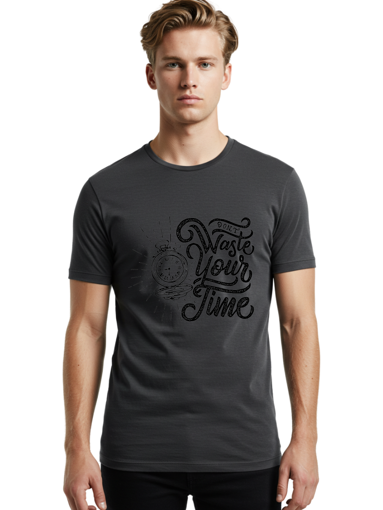 Don-T-Waste-Your-Time-1 Men'S Graphic Tee, 100% Cotton, Comfortable Casual Summer Wear, Machine Washable, Pocket Watch, Motivational Quote, Time Management, Productivity, Inspirational Saying, Vintage Clock, Productivity Tip, Time Is Money Aab243