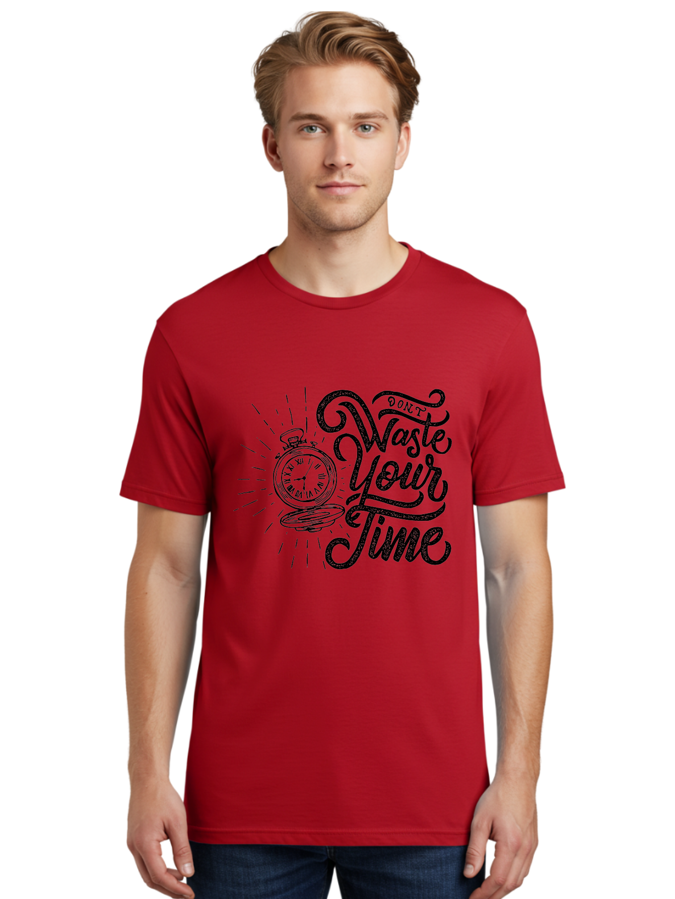 Don-T-Waste-Your-Time-1 Men'S Graphic Tee, 100% Cotton, Comfortable Casual Summer Wear, Machine Washable, Pocket Watch, Motivational Quote, Time Management, Productivity, Inspirational Saying, Vintage Clock, Productivity Tip, Time Is Money Aab243
