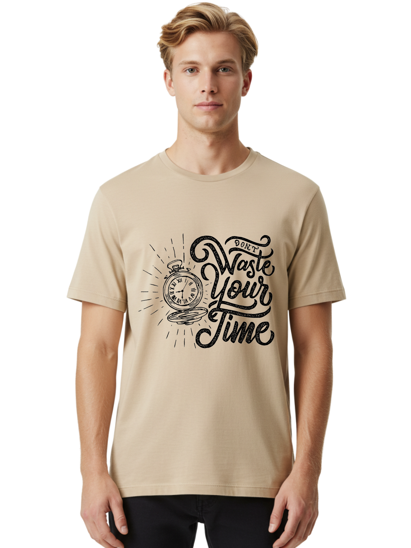 Don-T-Waste-Your-Time-1 Men'S Graphic Tee, 100% Cotton, Comfortable Casual Summer Wear, Machine Washable, Pocket Watch, Motivational Quote, Time Management, Productivity, Inspirational Saying, Vintage Clock, Productivity Tip, Time Is Money Aab243